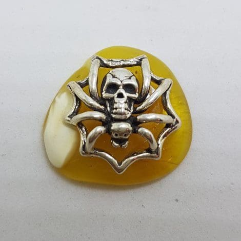 Spider & Skull - Sterling Silver Natural Baltic Butter Amber Small Figurine / Statue / Sculpture
