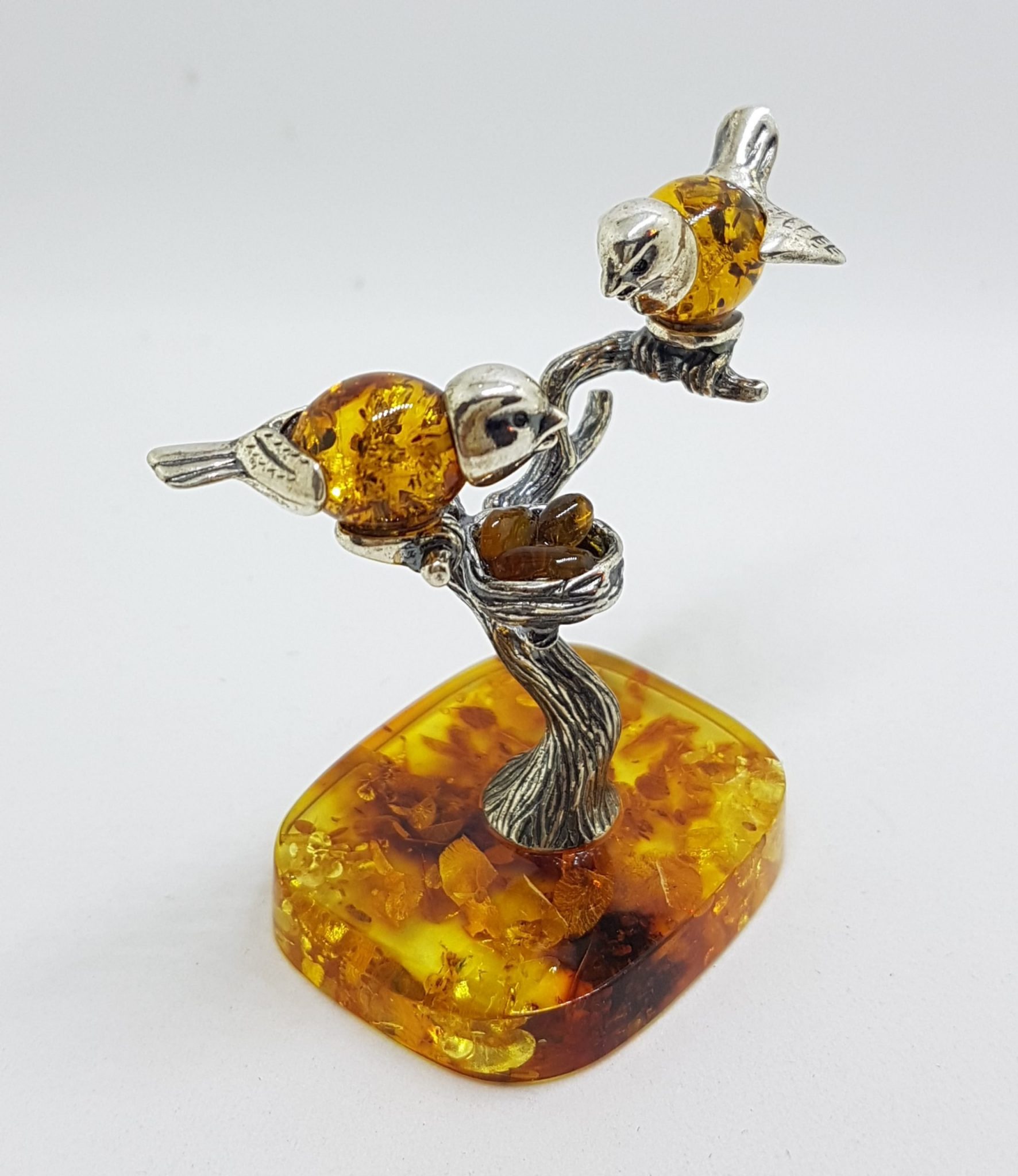 Stunning - Two Birds on Branch with Bird Nest - Sterling Silver Natural Baltic Amber Figurine / Statue / Sculpture