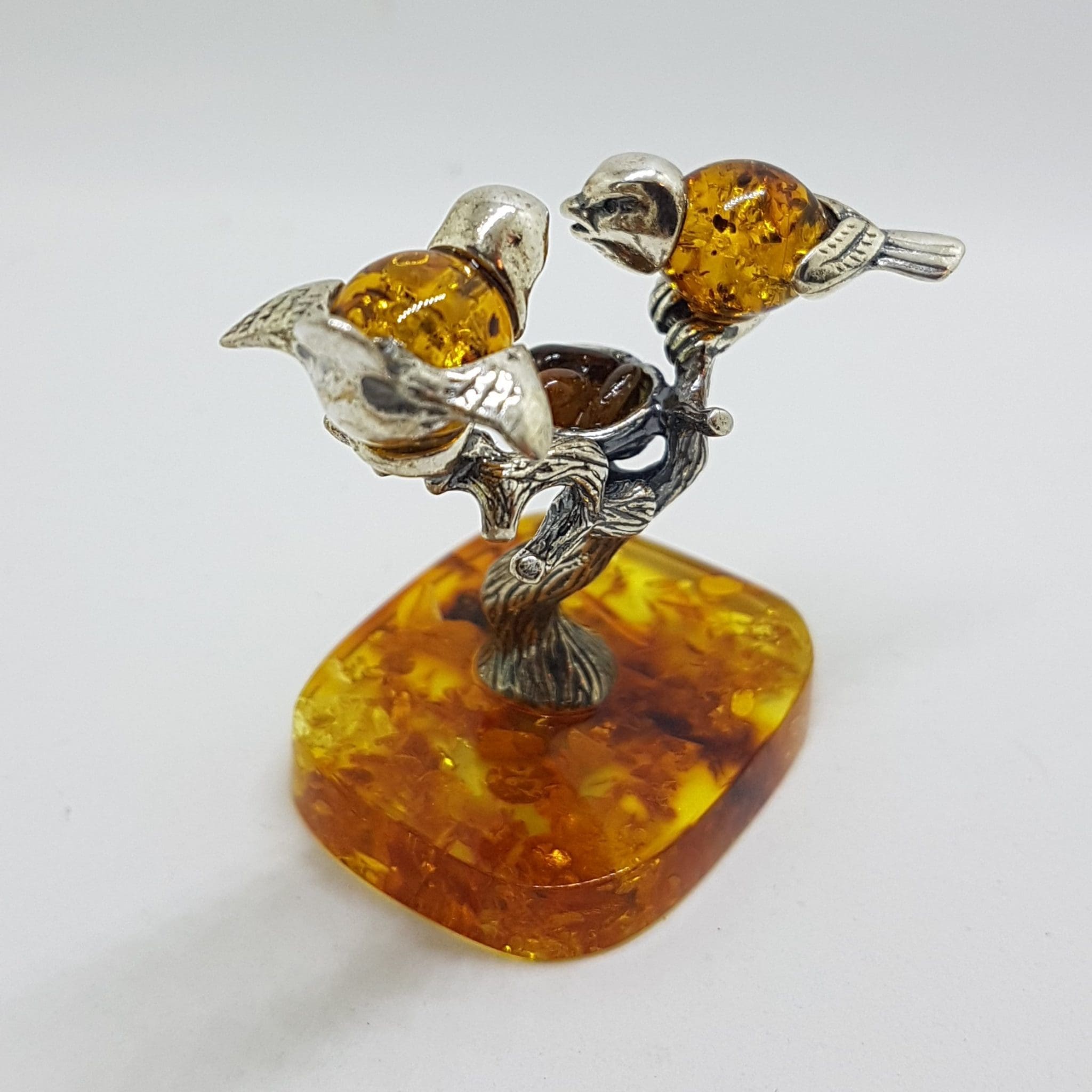 Stunning - Two Birds on Branch with Bird Nest - Sterling Silver Natural Baltic Amber Figurine / Statue / Sculpture