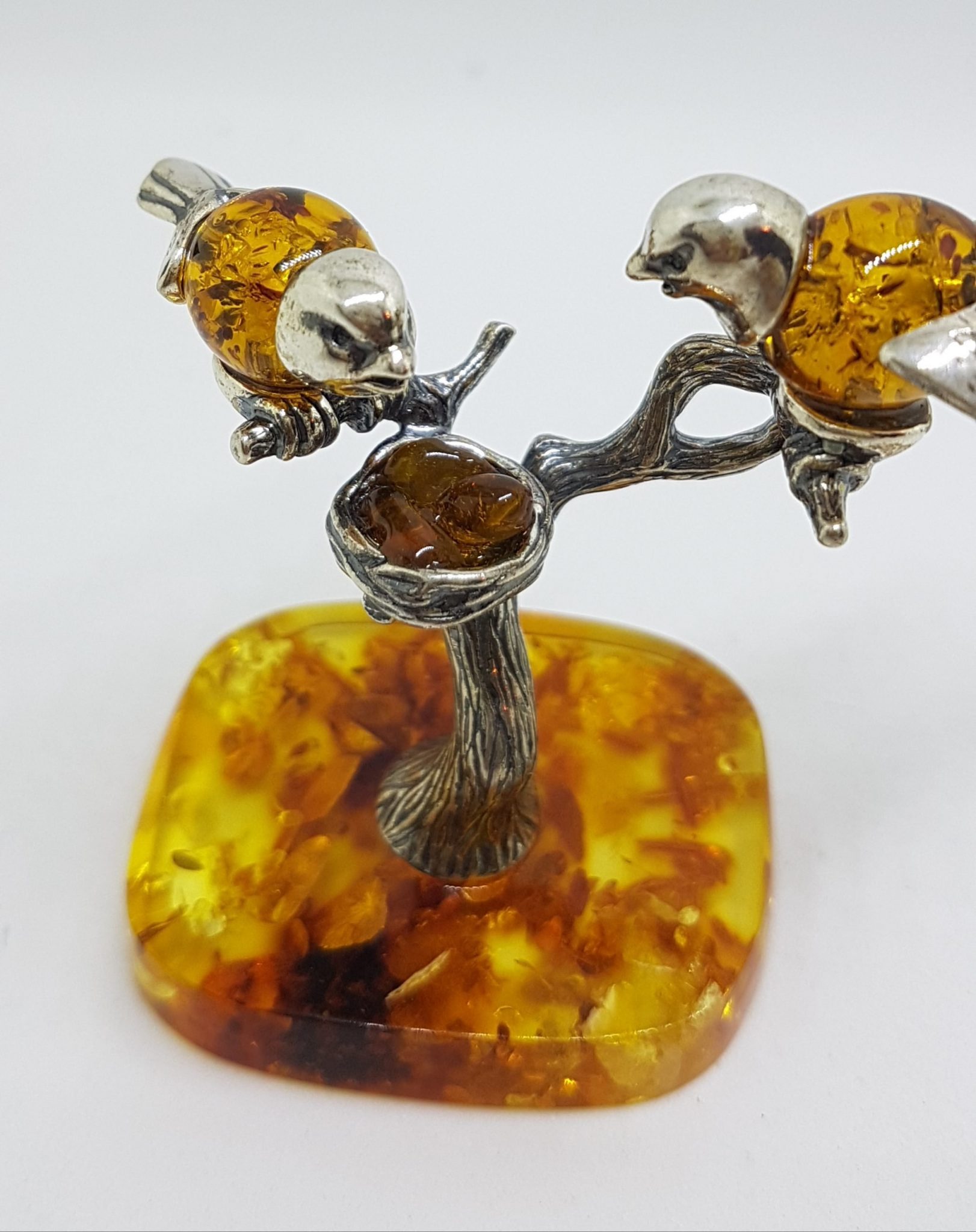 Stunning - Two Birds on Branch with Bird Nest - Sterling Silver Natural Baltic Amber Figurine / Statue / Sculpture