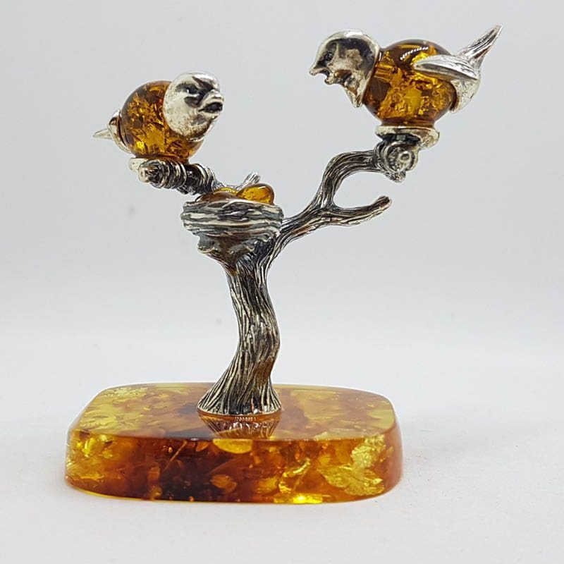 Stunning - Two Birds on Branch with Bird Nest - Sterling Silver Natural Baltic Amber Figurine / Statue / Sculpture