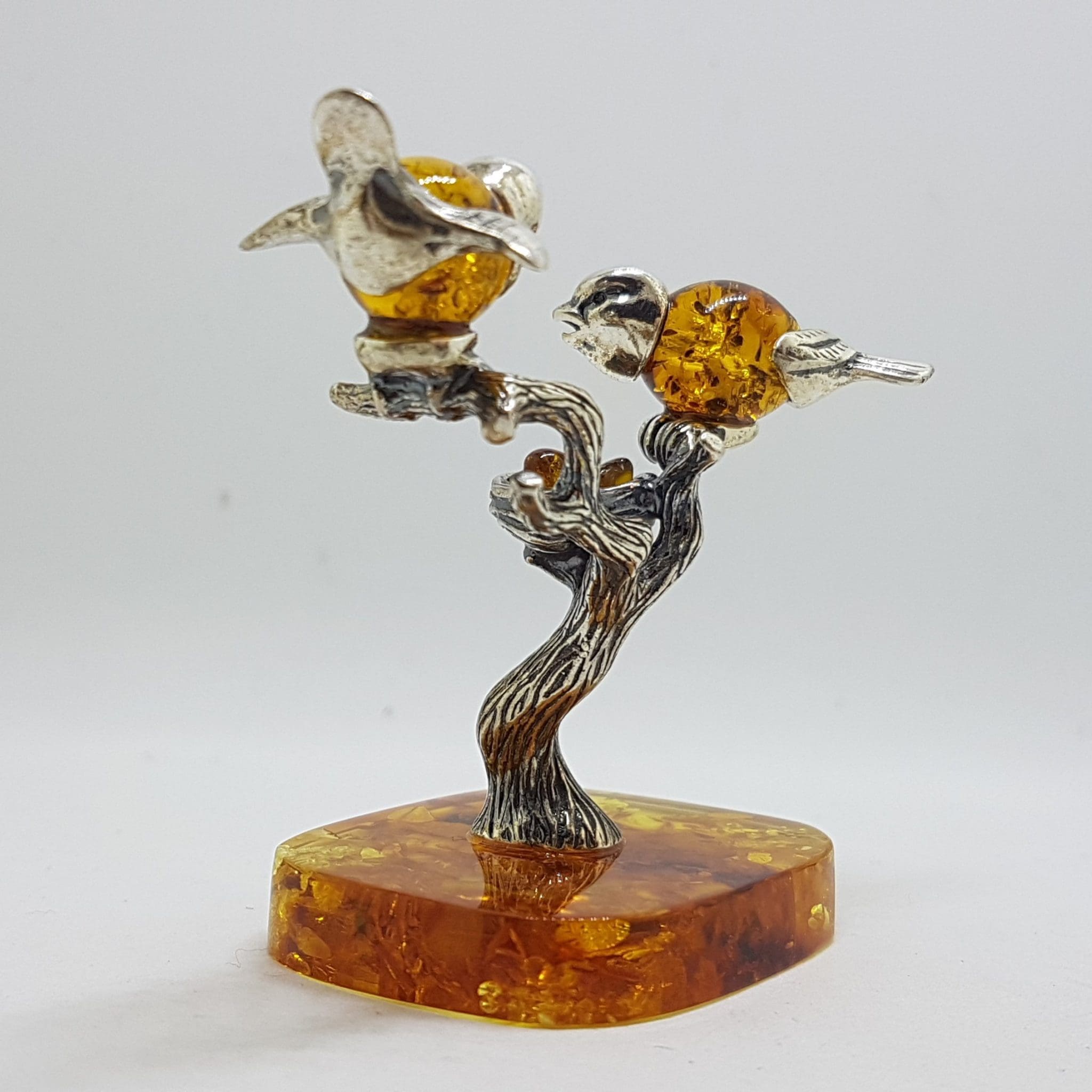 Stunning - Two Birds on Branch with Bird Nest - Sterling Silver Natural Baltic Amber Figurine / Statue / Sculpture