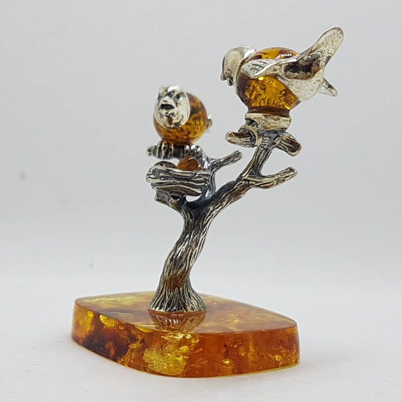 Stunning - Two Birds on Branch with Bird Nest - Sterling Silver Natural Baltic Amber Figurine / Statue / Sculpture