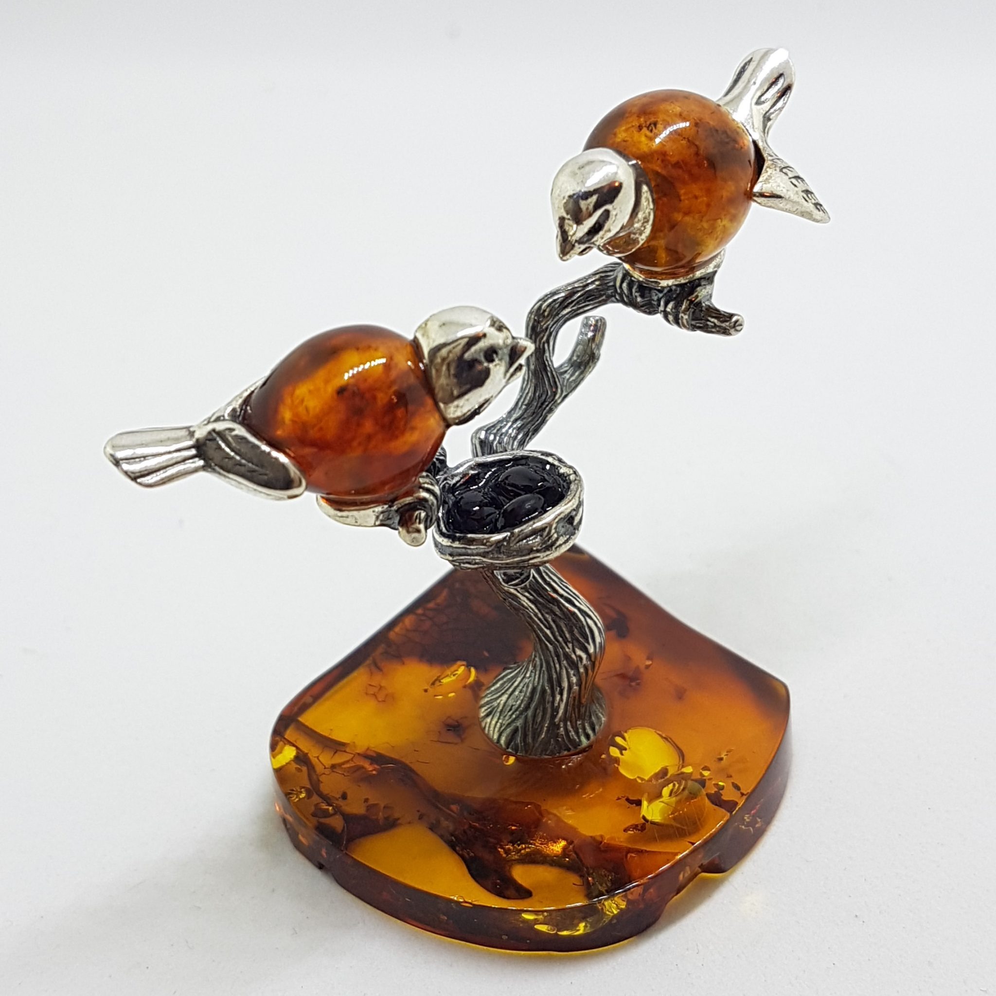 Stunning - Two Birds on a Branch with a Bird Nest - Sterling Silver Natural Baltic Amber Animal Figurine / Statue / Sculpture