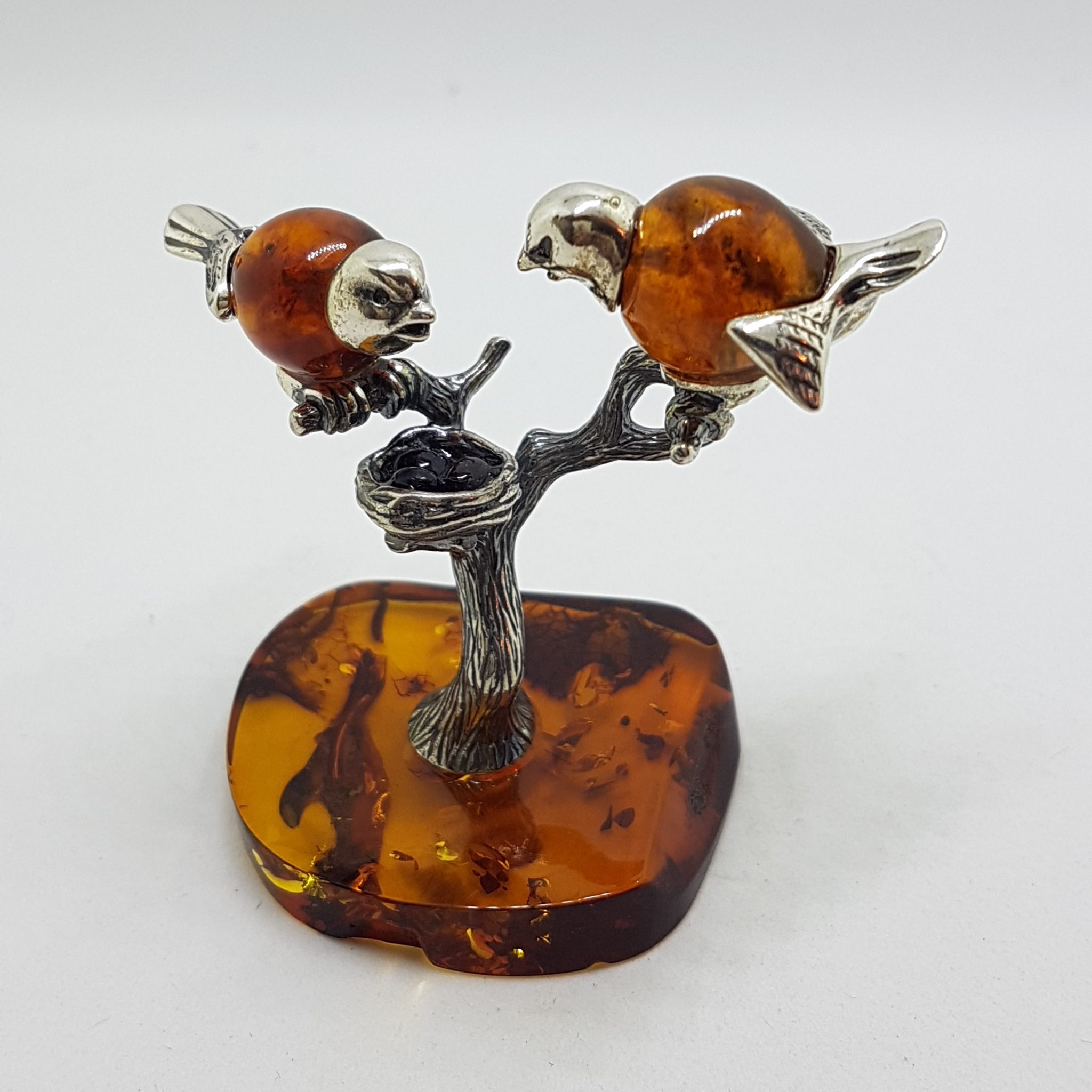 Stunning - Two Birds on a Branch with a Bird Nest - Sterling Silver Natural Baltic Amber Animal Figurine / Statue / Sculpture
