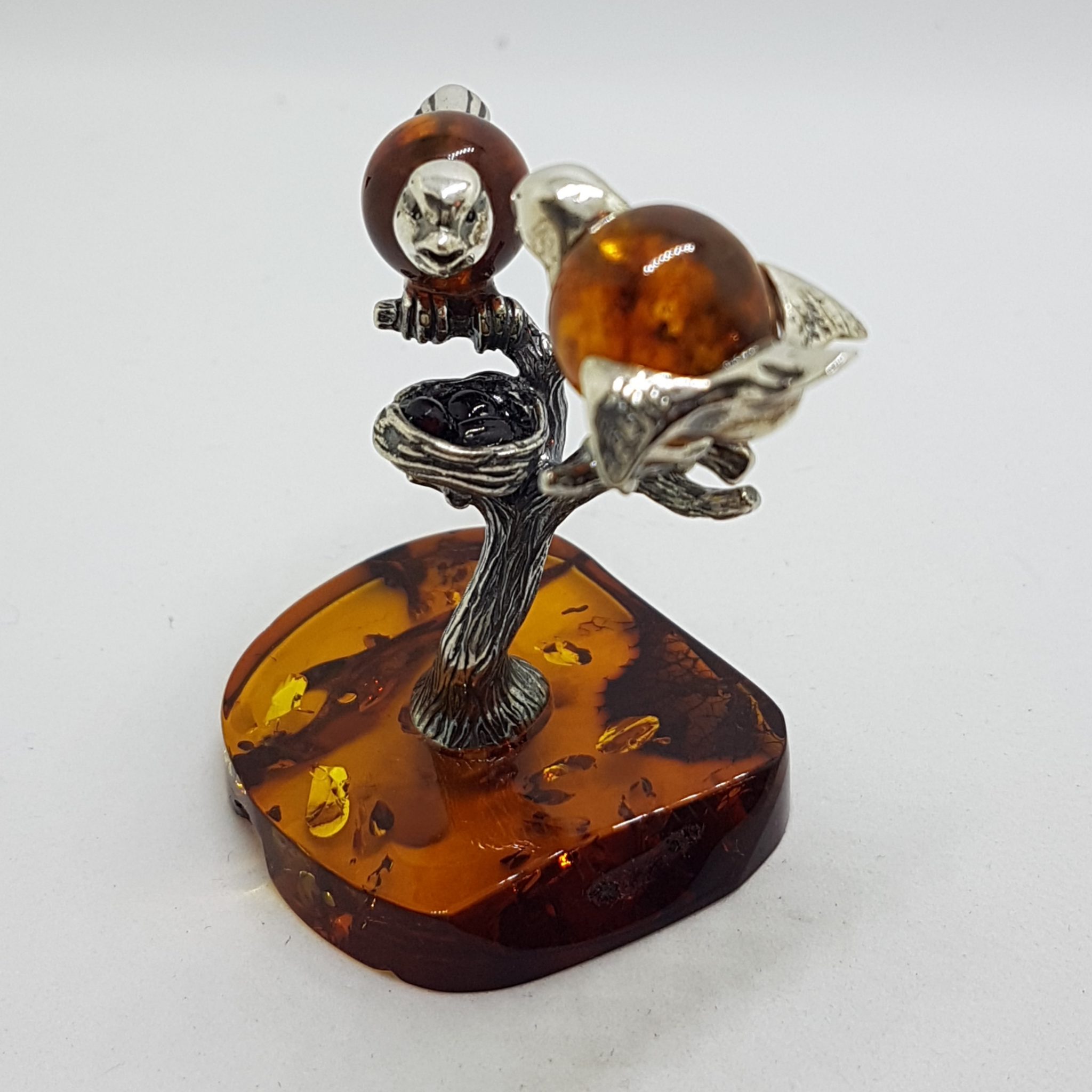 Stunning - Two Birds on a Branch with a Bird Nest - Sterling Silver Natural Baltic Amber Animal Figurine / Statue / Sculpture