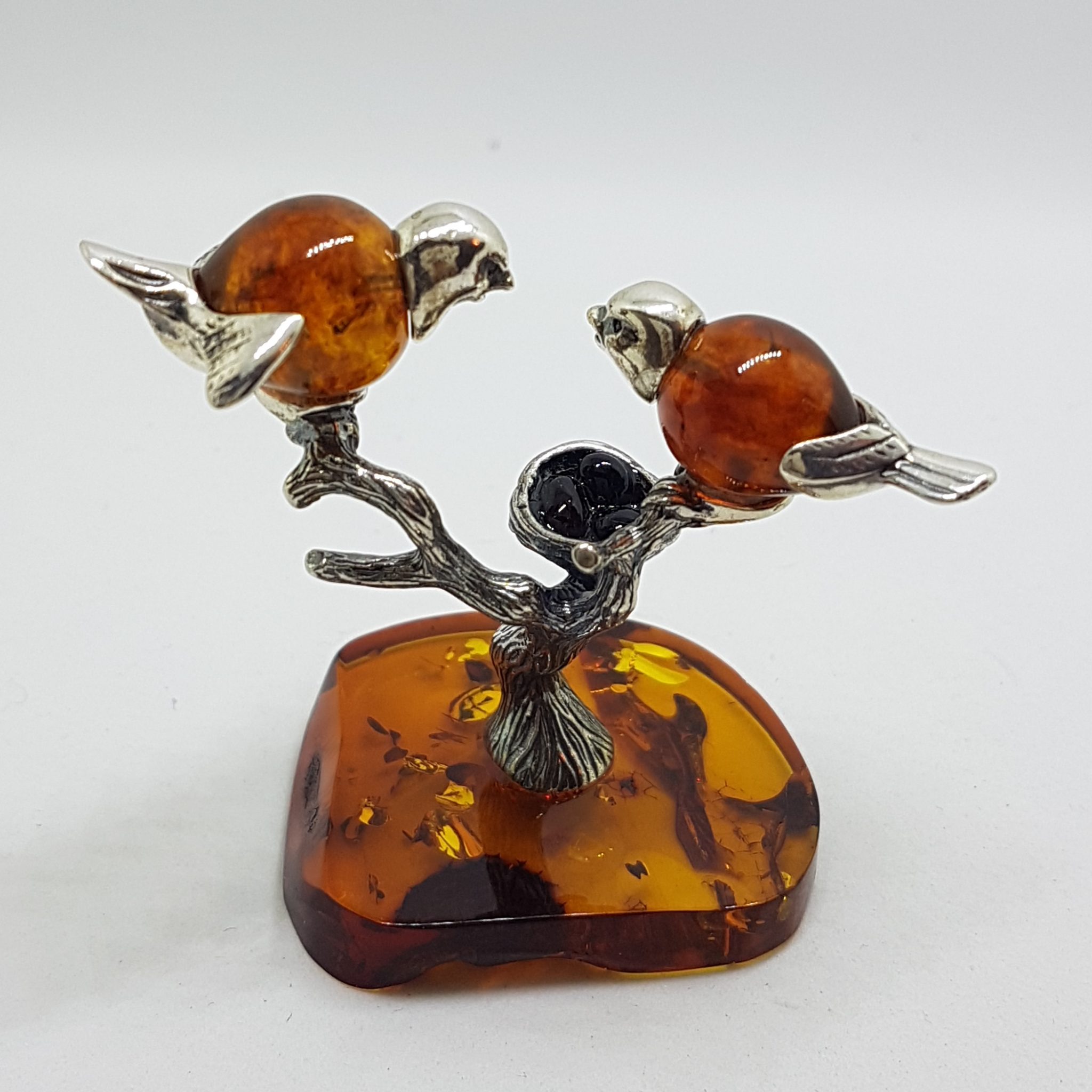 Stunning - Two Birds on a Branch with a Bird Nest - Sterling Silver Natural Baltic Amber Animal Figurine / Statue / Sculpture