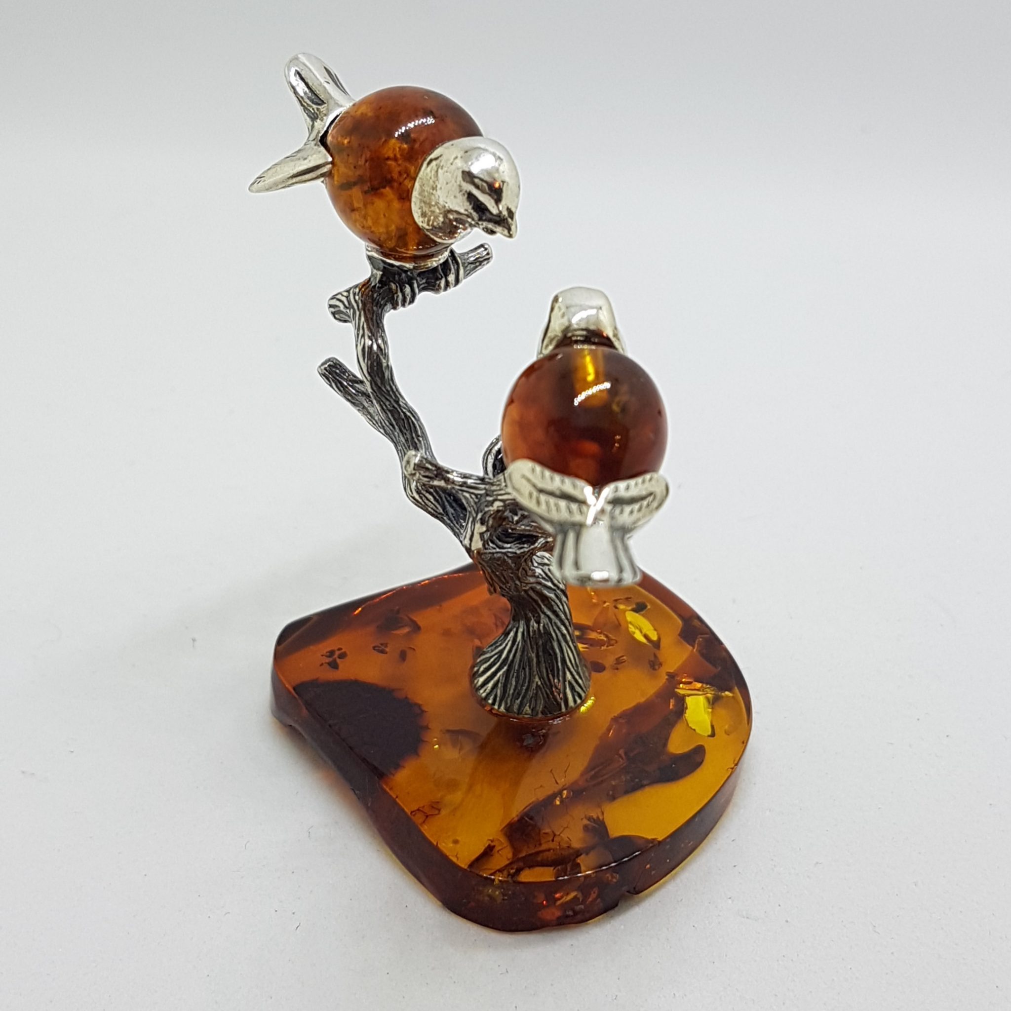 Stunning - Two Birds on a Branch with a Bird Nest - Sterling Silver Natural Baltic Amber Animal Figurine / Statue / Sculpture