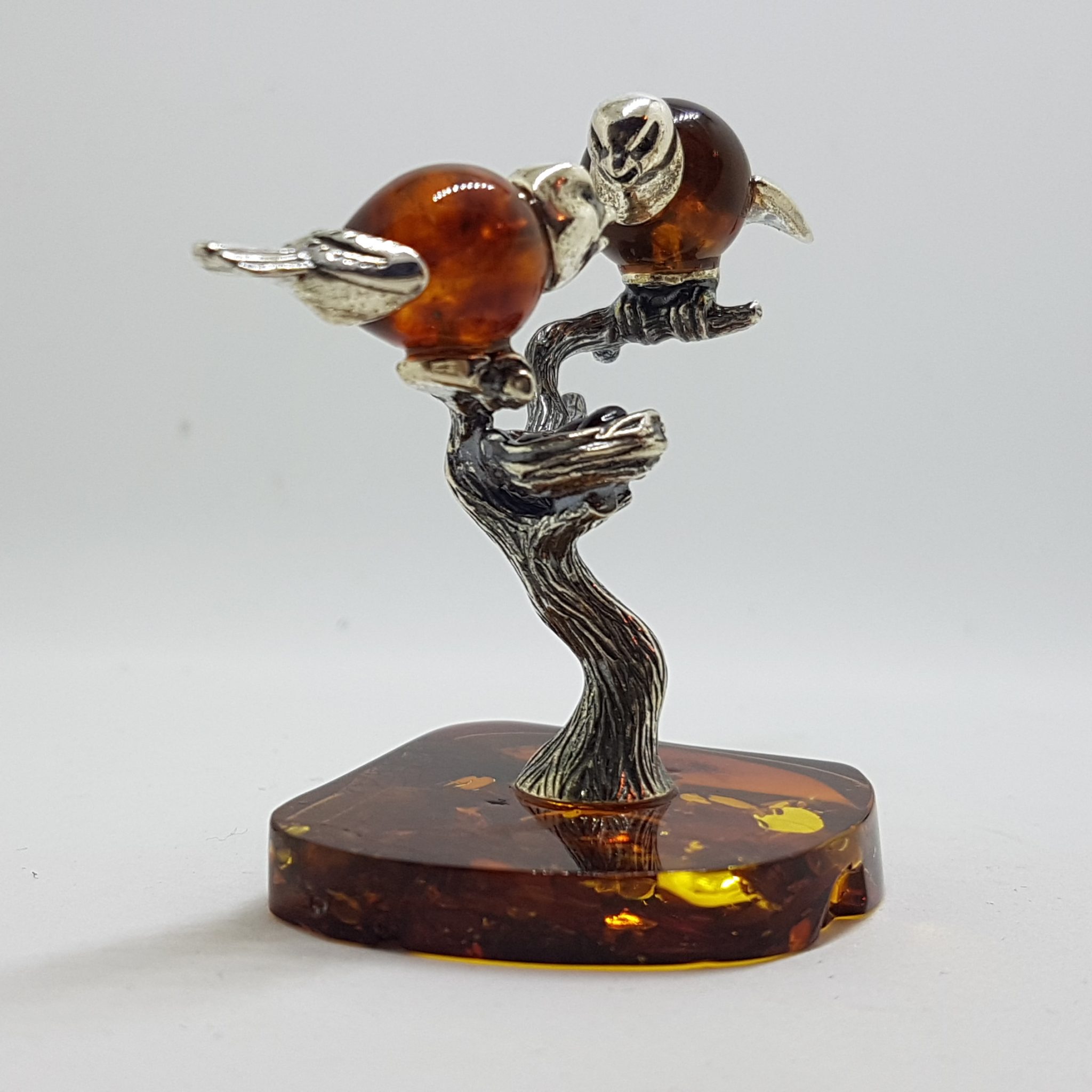 Stunning - Two Birds on a Branch with a Bird Nest - Sterling Silver Natural Baltic Amber Animal Figurine / Statue / Sculpture
