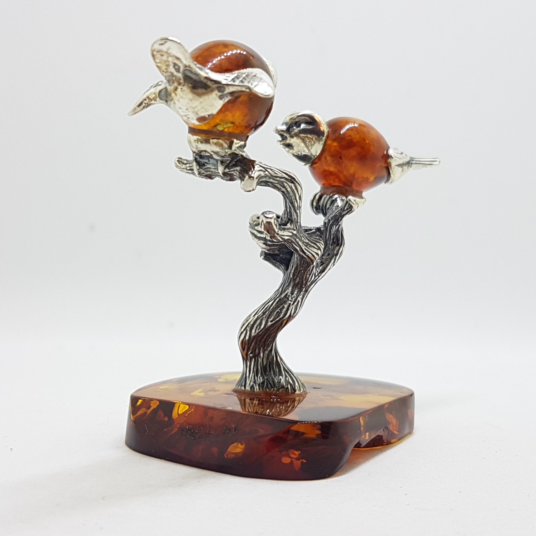 Stunning - Two Birds on a Branch with a Bird Nest - Sterling Silver Natural Baltic Amber Animal Figurine / Statue / Sculpture