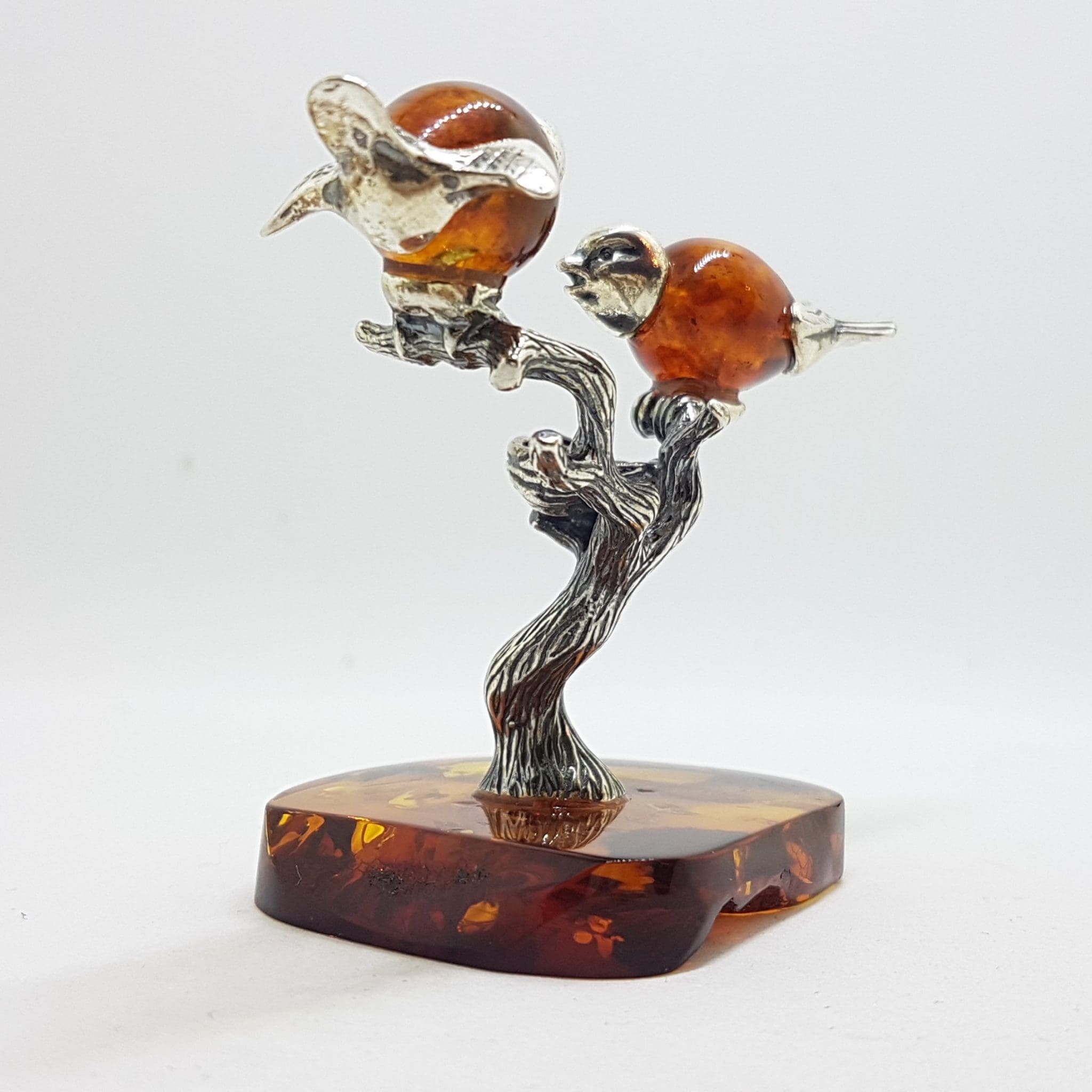 Stunning - Two Birds on Branch with Bird Nest - Sterling Silver Natural Baltic Amber Figurine / Statue / Sculpture