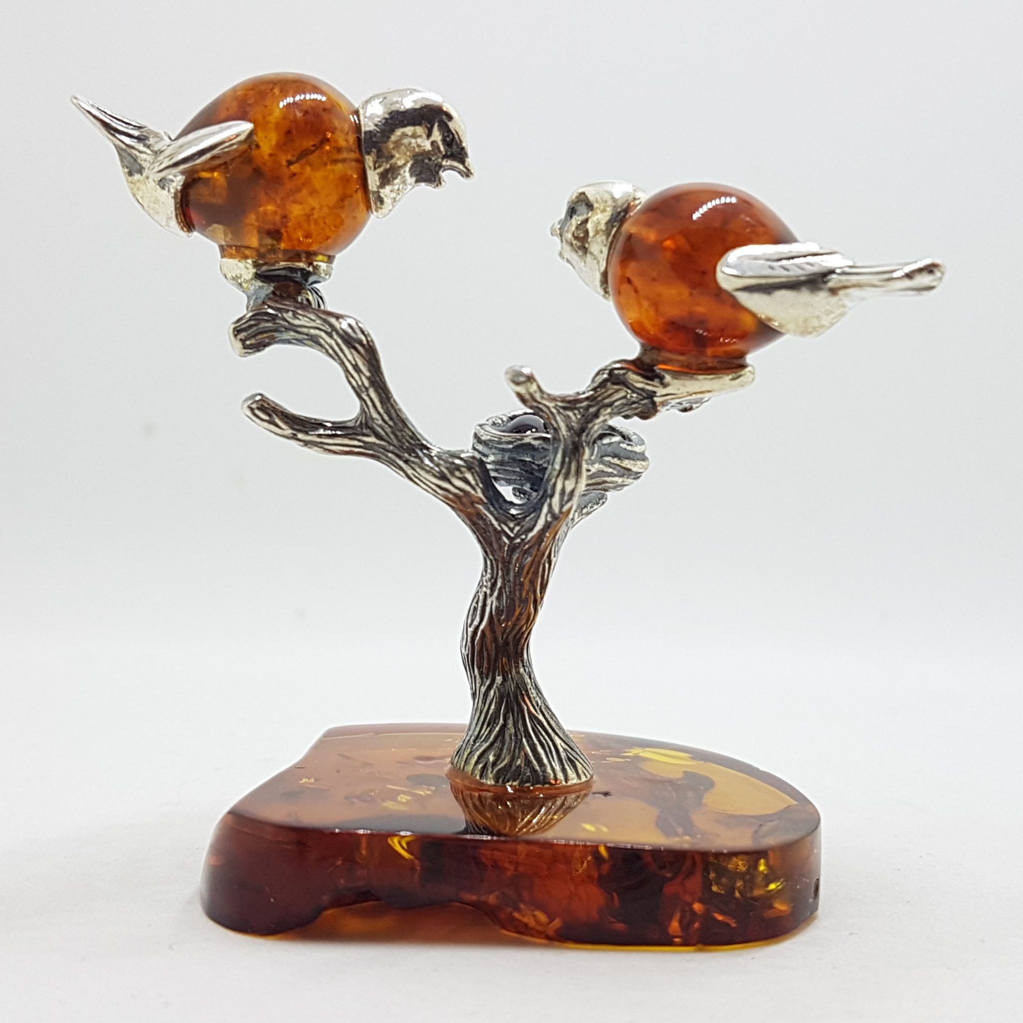 Stunning - Two Birds on a Branch with a Bird Nest - Sterling Silver Natural Baltic Amber Animal Figurine / Statue / Sculpture