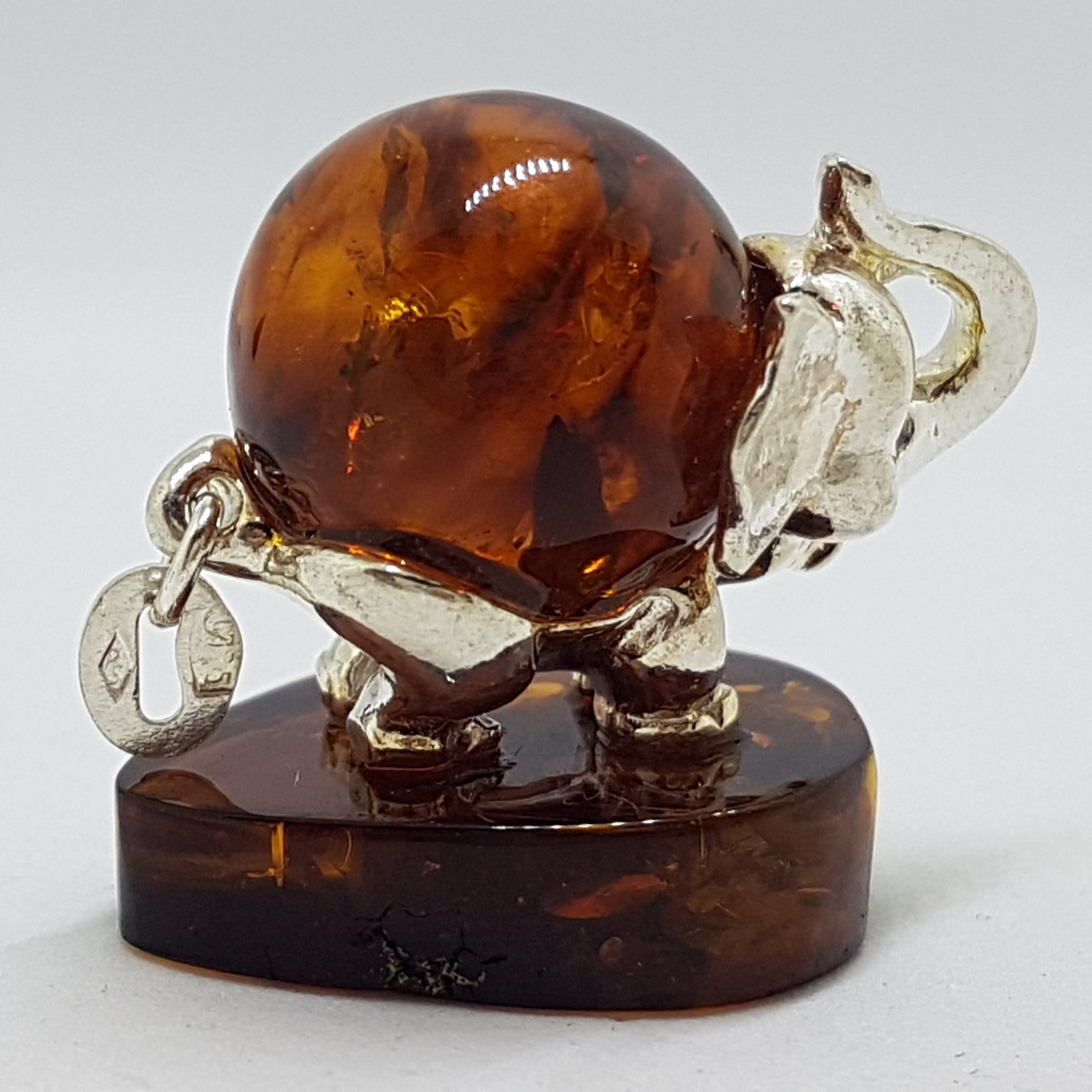 Elephant - Solid Sterling Silver Natural Baltic Amber Small Animal Figurine / Statue / Sculpture