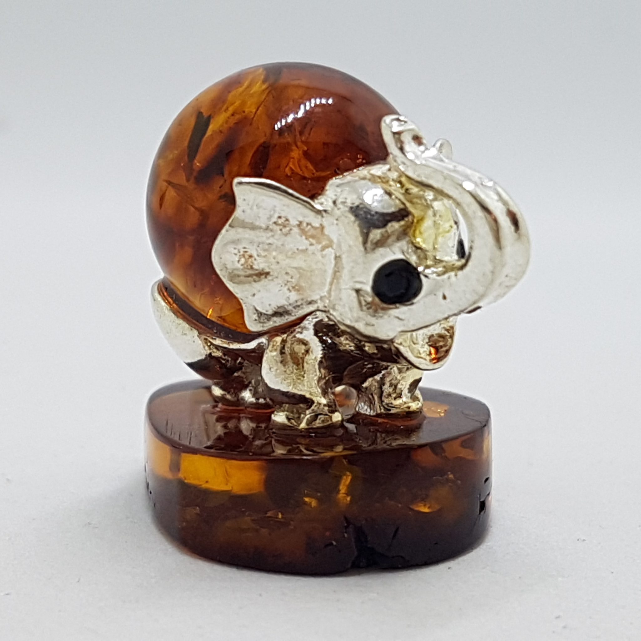 Elephant - Solid Sterling Silver Natural Baltic Amber Small Animal Figurine / Statue / Sculpture