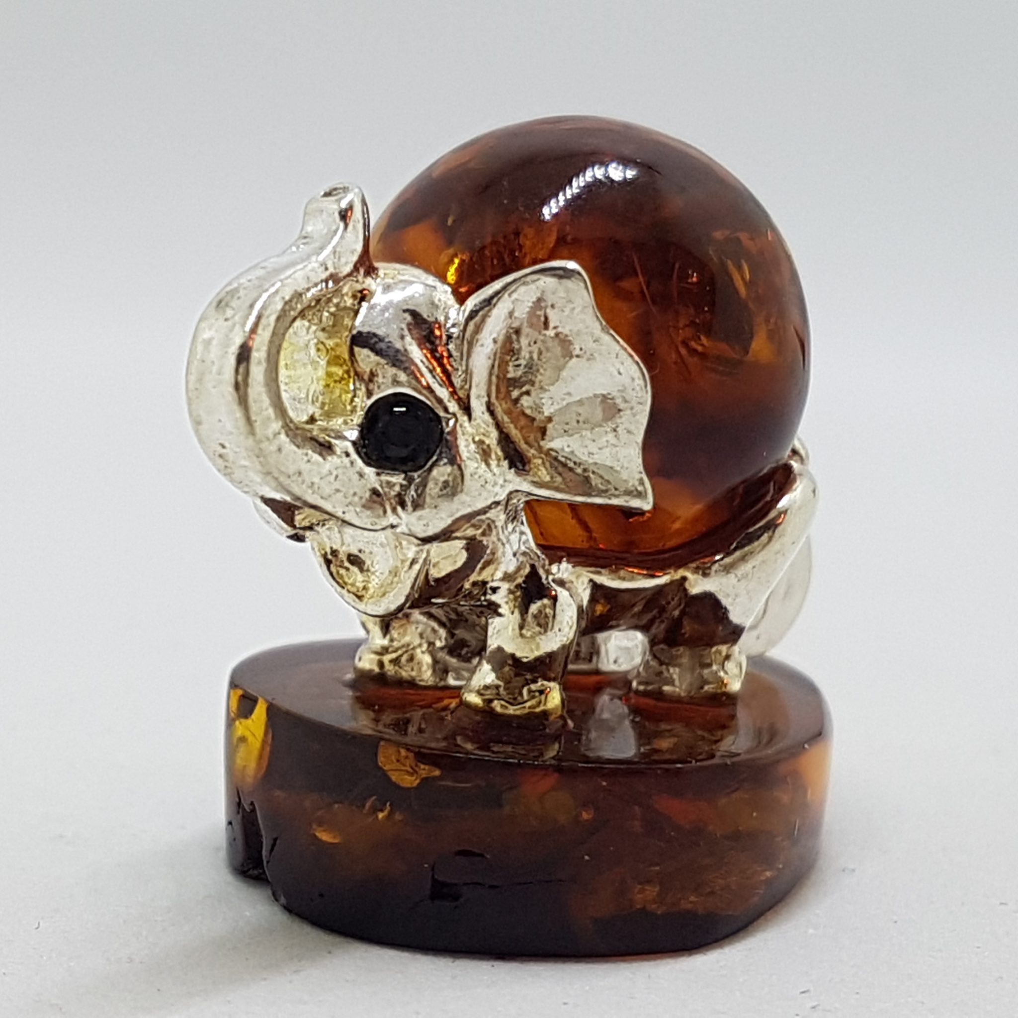 Elephant - Solid Sterling Silver Natural Baltic Amber Small Animal Figurine / Statue / Sculpture