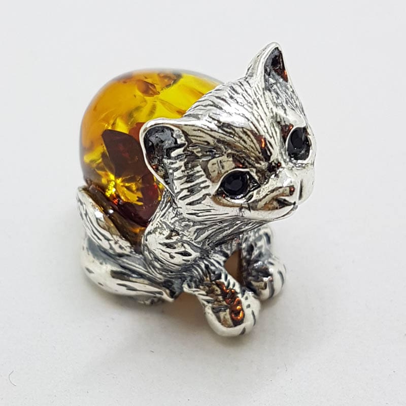 Sitting Cat / Kitten - Sterling Silver Natural Baltic Amber Animal Figurine / Statue / Sculpture