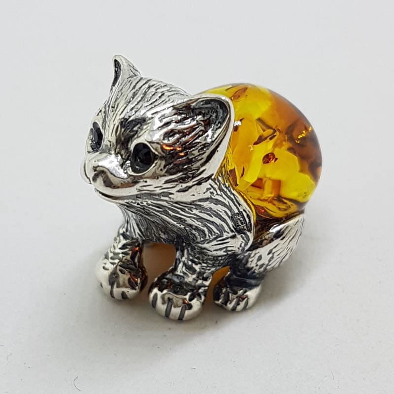 Sitting Cat / Kitten - Sterling Silver Natural Baltic Amber Animal Figurine / Statue / Sculpture