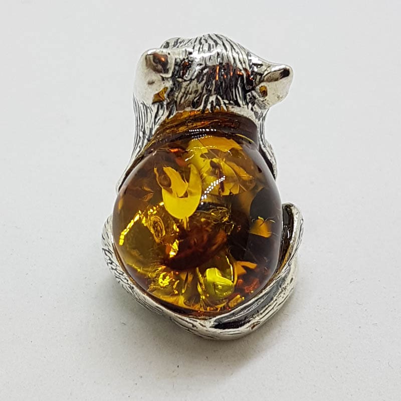 Sitting Cat / Kitten - Sterling Silver Natural Baltic Amber Animal Figurine / Statue / Sculpture