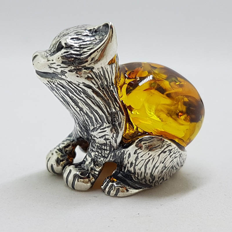 Sitting Cat / Kitten - Sterling Silver Natural Baltic Amber Animal Figurine / Statue / Sculpture