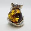 Sitting Cat / Kitten - Sterling Silver Natural Baltic Amber Animal Figurine / Statue / Sculpture