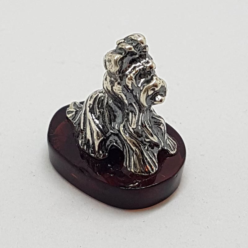 Small Dog / Maltese / Shih Tzu / Silky Terrier – Solid Sterling Silver Natural Baltic Amber Small Animal Figurine / Statue / Sculpture