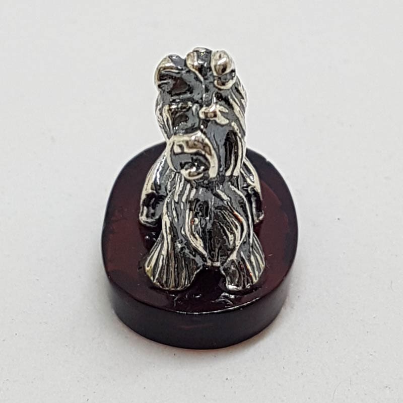Small Dog / Maltese / Shih Tzu / Silky Terrier – Solid Sterling Silver Natural Baltic Amber Small Animal Figurine / Statue / Sculpture