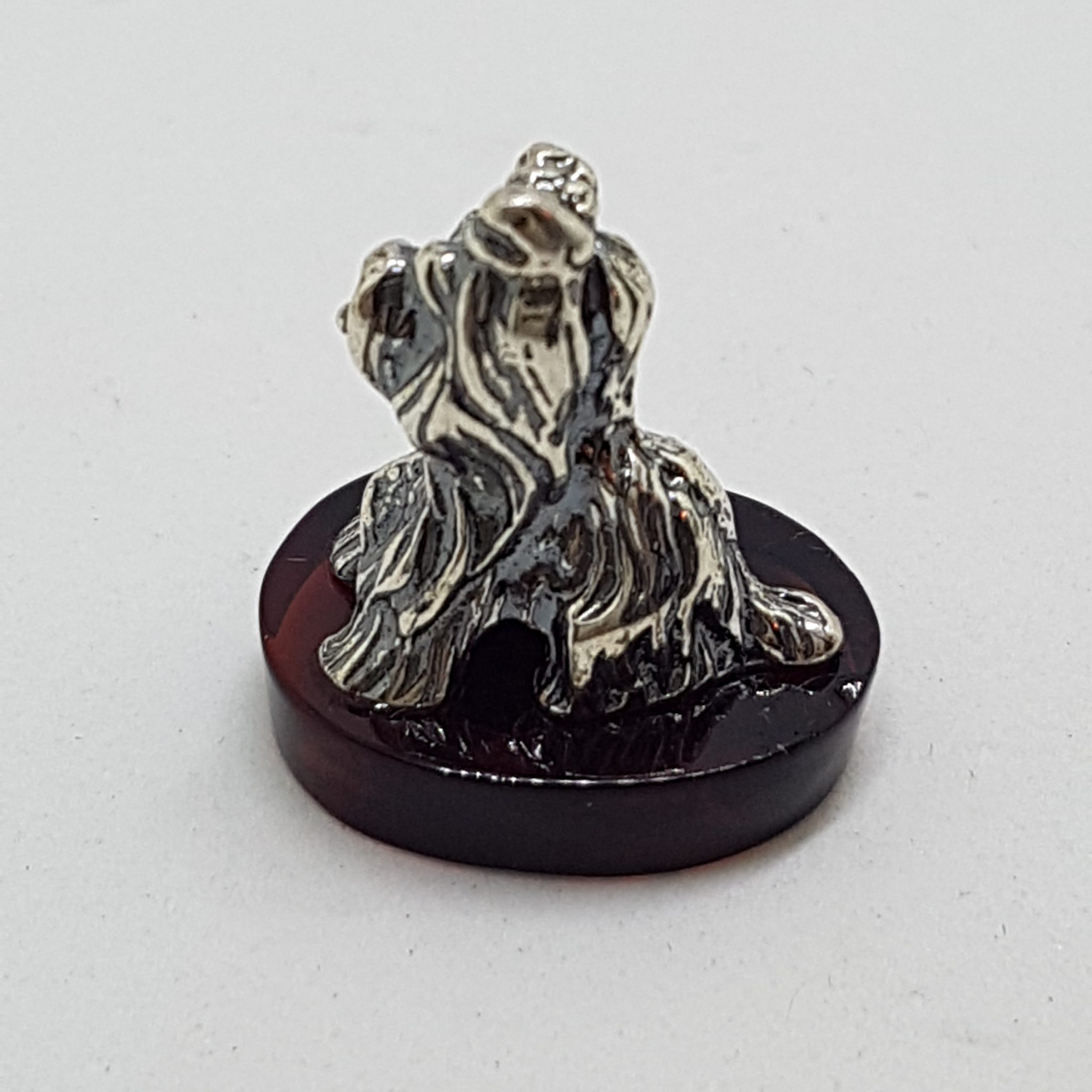 Small Dog / Maltese / Shih Tzu / Silky Terrier – Solid Sterling Silver Natural Baltic Amber Small Animal Figurine / Statue / Sculpture