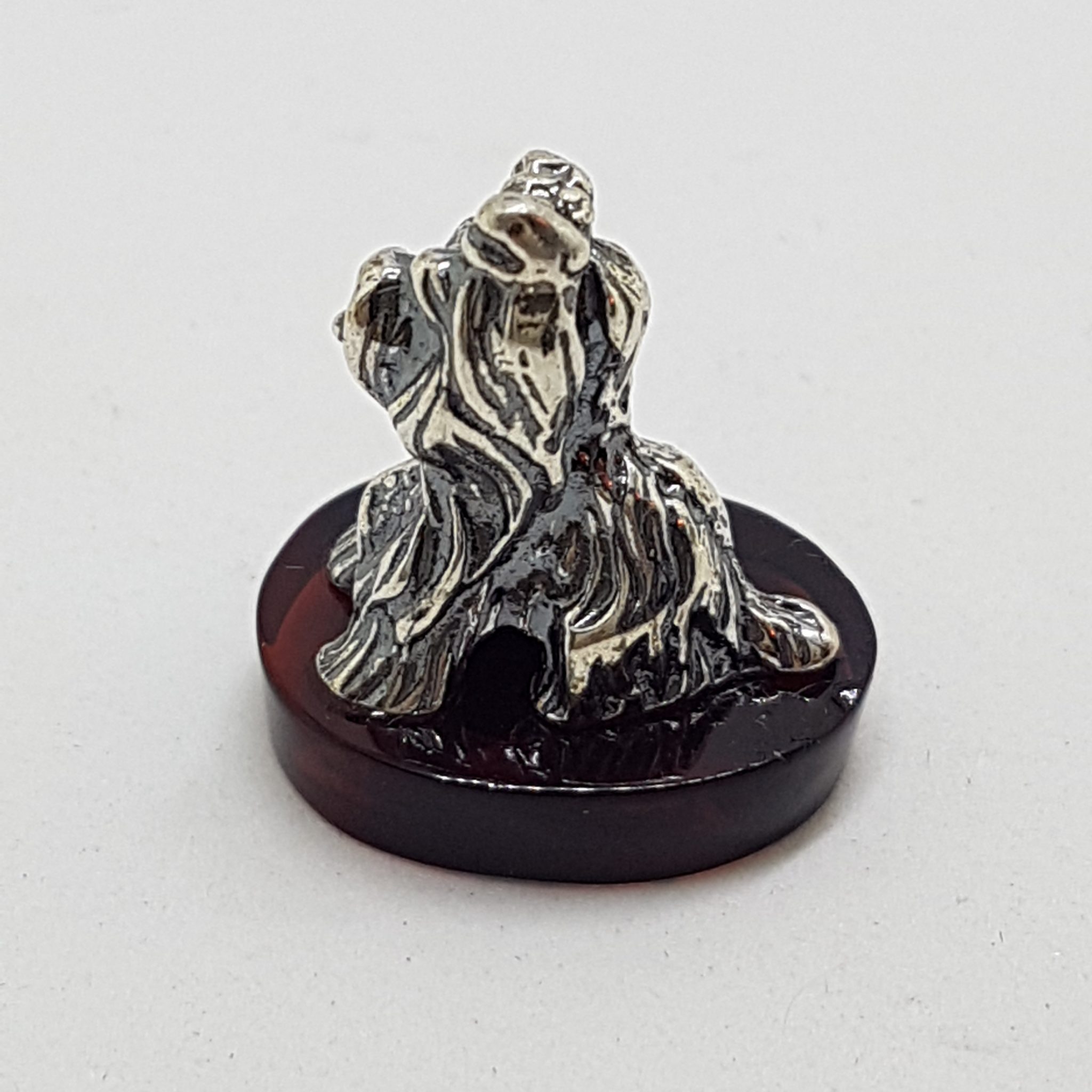 Small Dog / Maltese / Shih Tzu / Silky Terrier – Solid Sterling Silver Natural Baltic Amber Small Animal Figurine / Statue / Sculpture