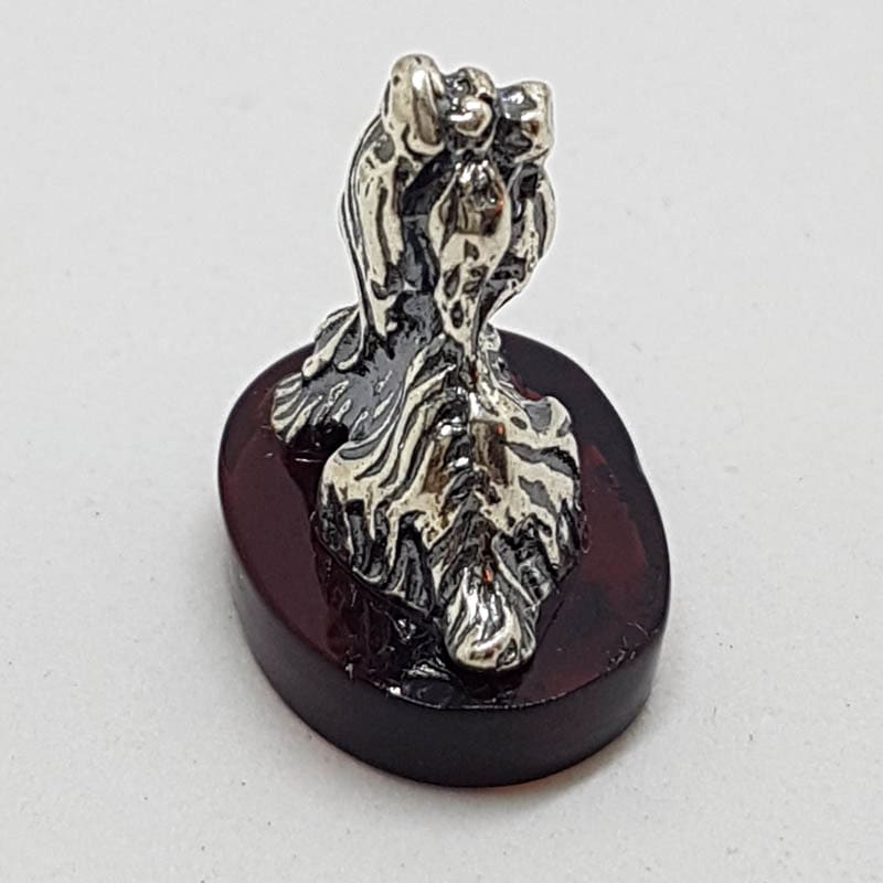 Small Dog / Maltese / Shih Tzu / Silky Terrier – Solid Sterling Silver Natural Baltic Amber Small Animal Figurine / Statue / Sculpture