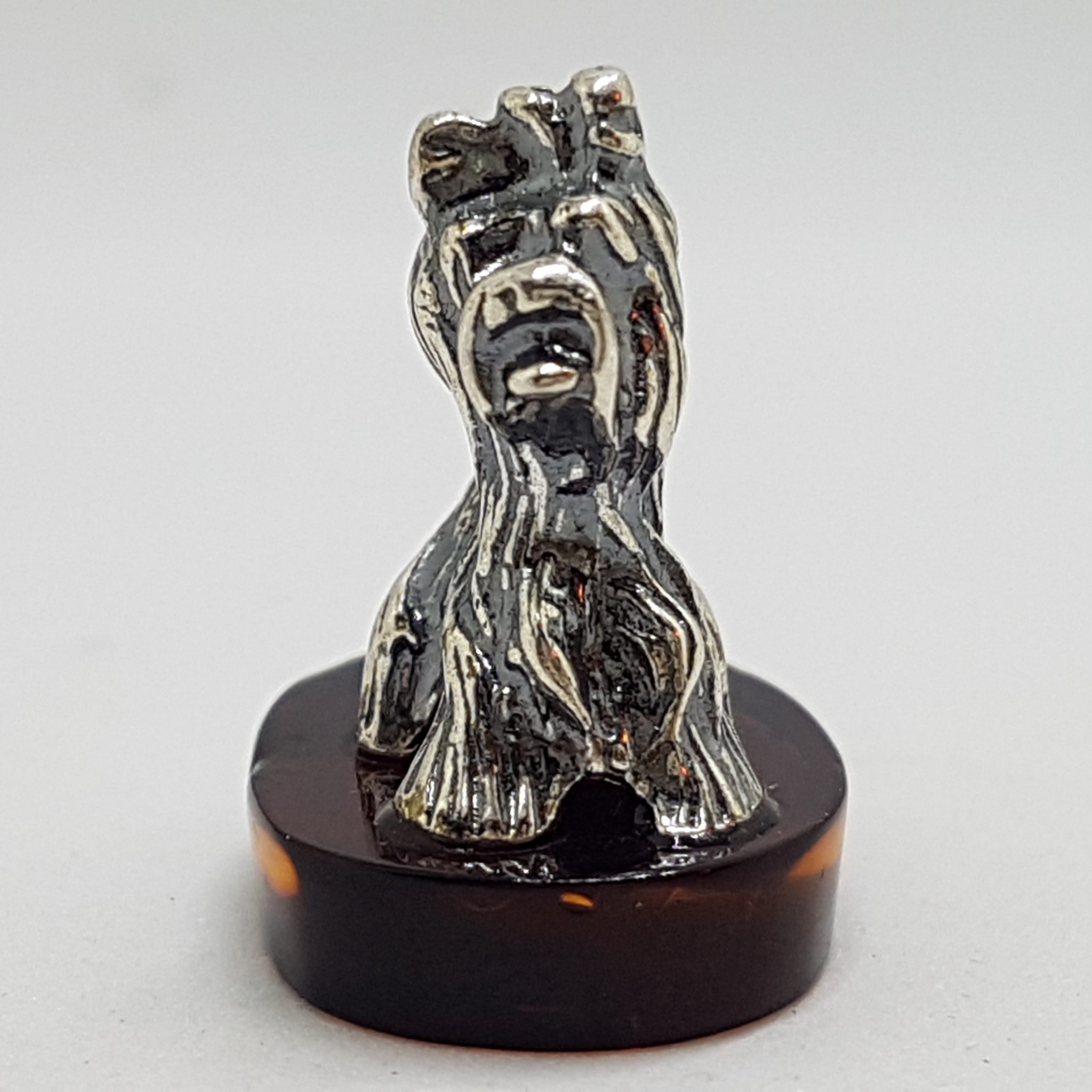 Small Dog / Maltese / Shih Tzu / Silky Terrier – Solid Sterling Silver Natural Baltic Amber Small Animal Figurine / Statue / Sculpture