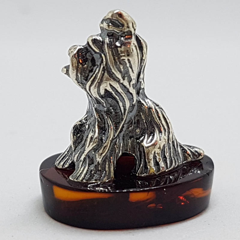 Small Dog / Maltese / Shih Tzu / Silky Terrier – Solid Sterling Silver Natural Baltic Amber Small Animal Figurine / Statue / Sculpture