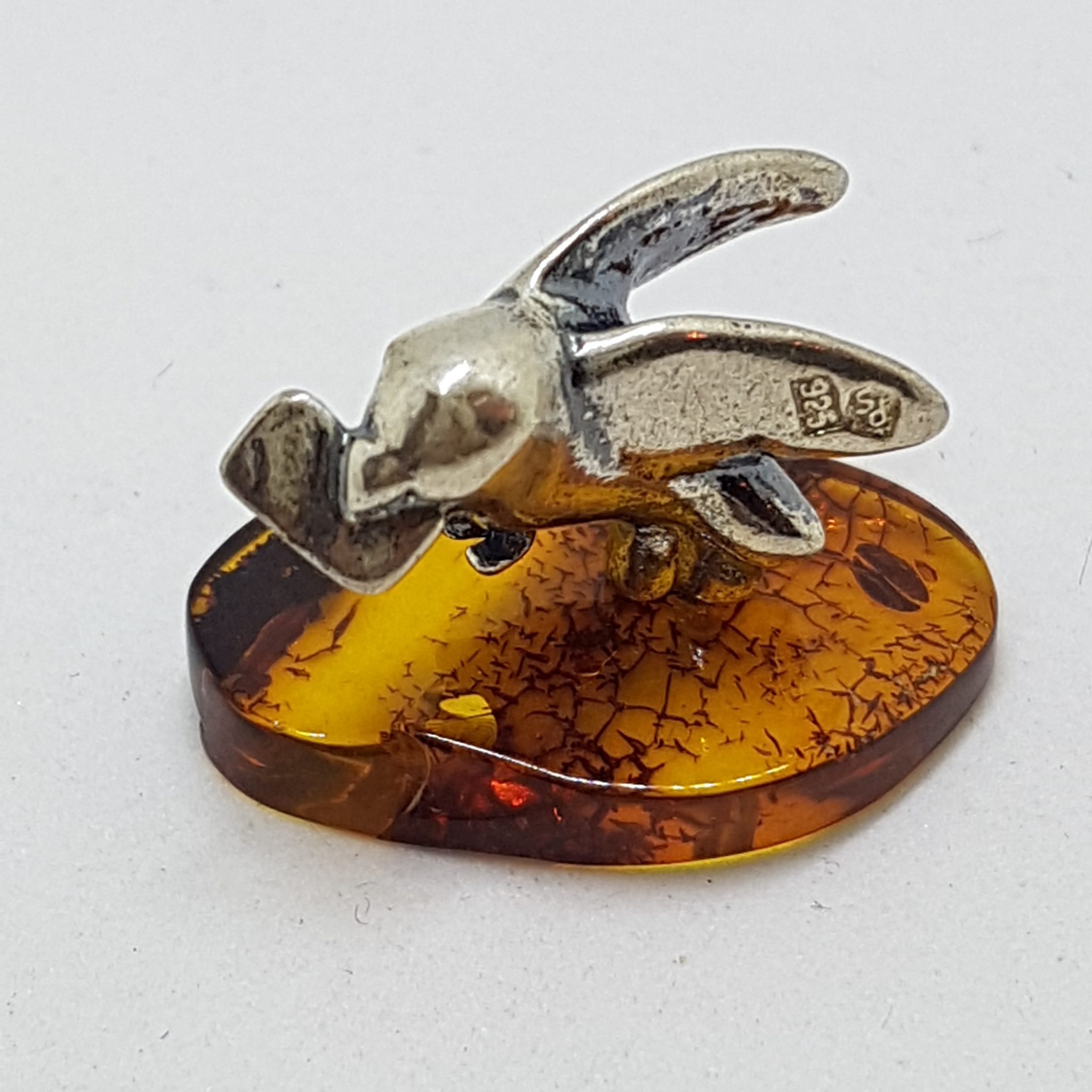 Love Letter Carrying Bird / Pigeon / Dove – Solid Sterling Silver Natural Baltic Amber Small Animal Figurine / Statue / Sculpture
