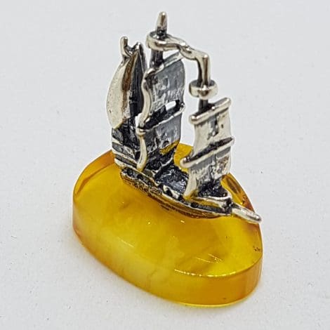 Viking Sailing Ship – Solid Sterling Silver Natural Baltic Butter Amber Small Figurine / Statue / Sculpture