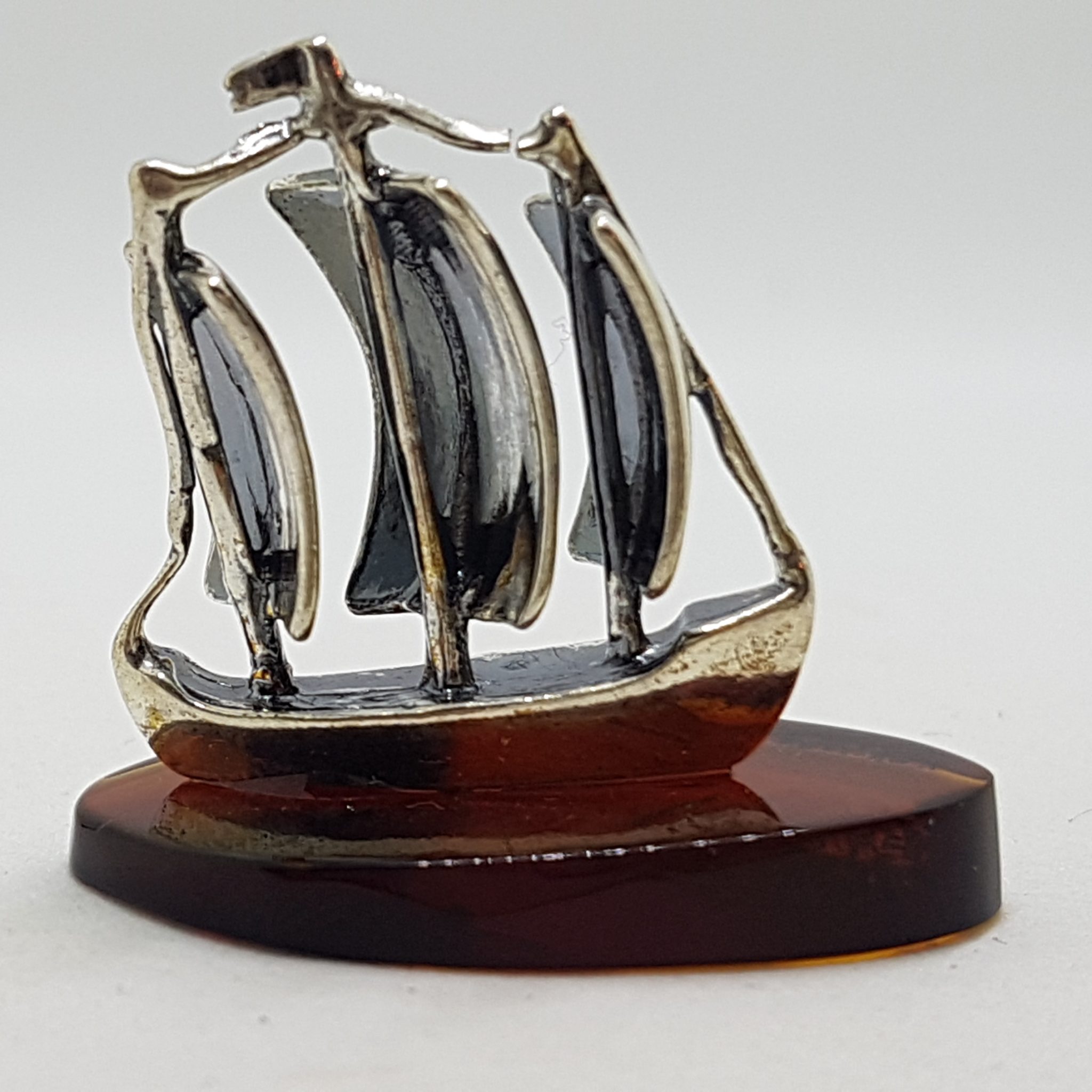 Sailing / Viking Ship / Boat / Yacht – Solid Sterling Silver Natural Baltic Amber Small Figurine / Statue / Sculpture