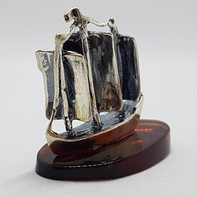 Sailing / Viking Ship / Boat / Yacht – Solid Sterling Silver Natural Baltic Amber Small Figurine / Statue / Sculpture