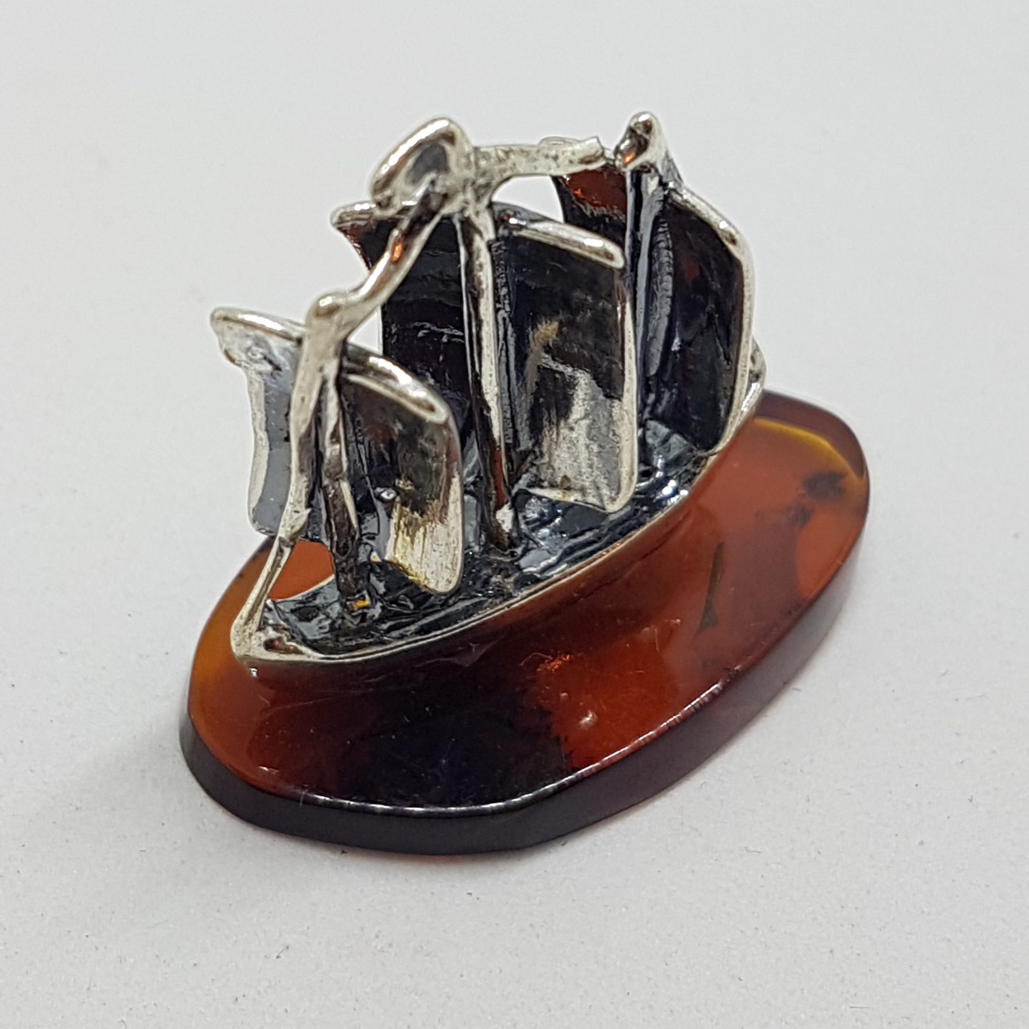 Sailing / Viking Ship / Boat / Yacht – Solid Sterling Silver Natural Baltic Amber Small Figurine / Statue / Sculpture