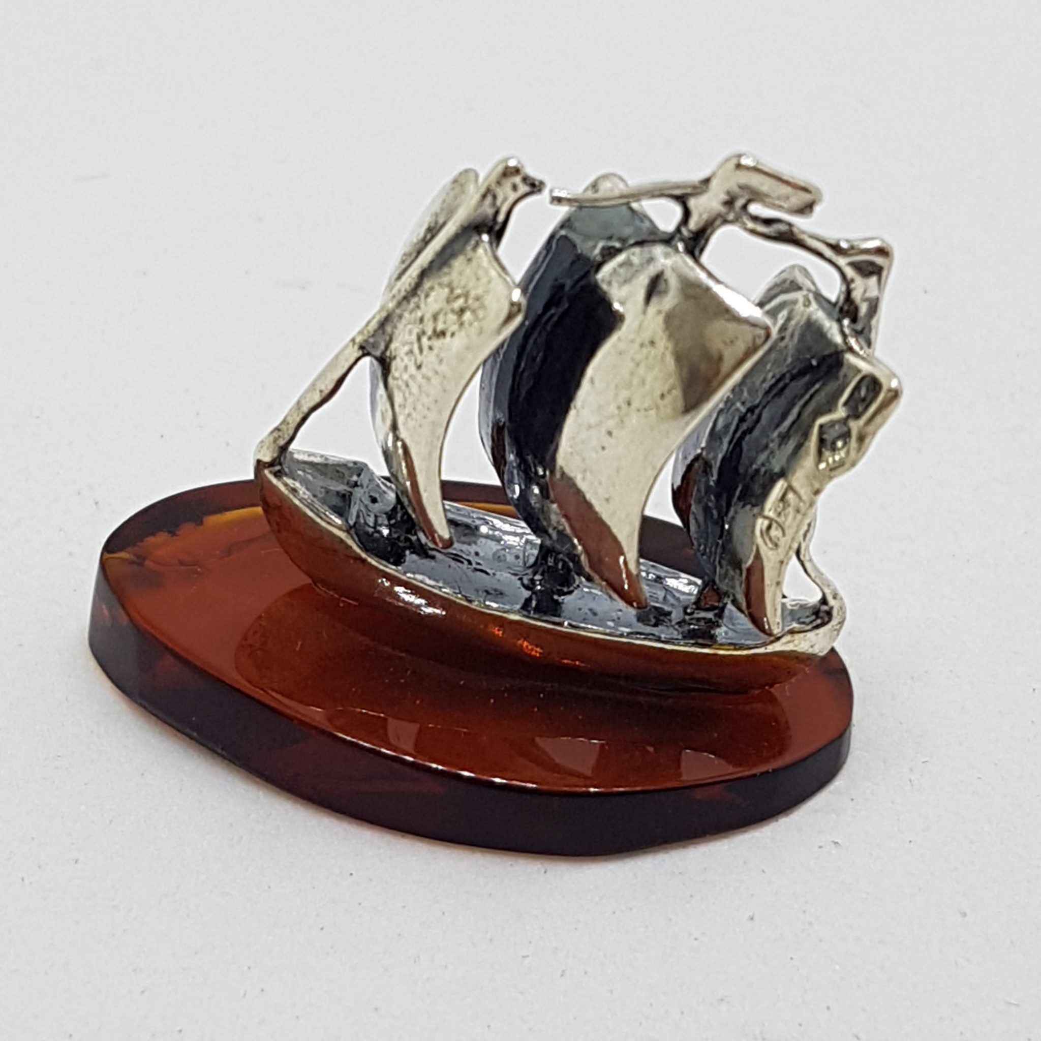 Sailing / Viking Ship / Boat / Yacht – Solid Sterling Silver Natural Baltic Amber Small Figurine / Statue / Sculpture