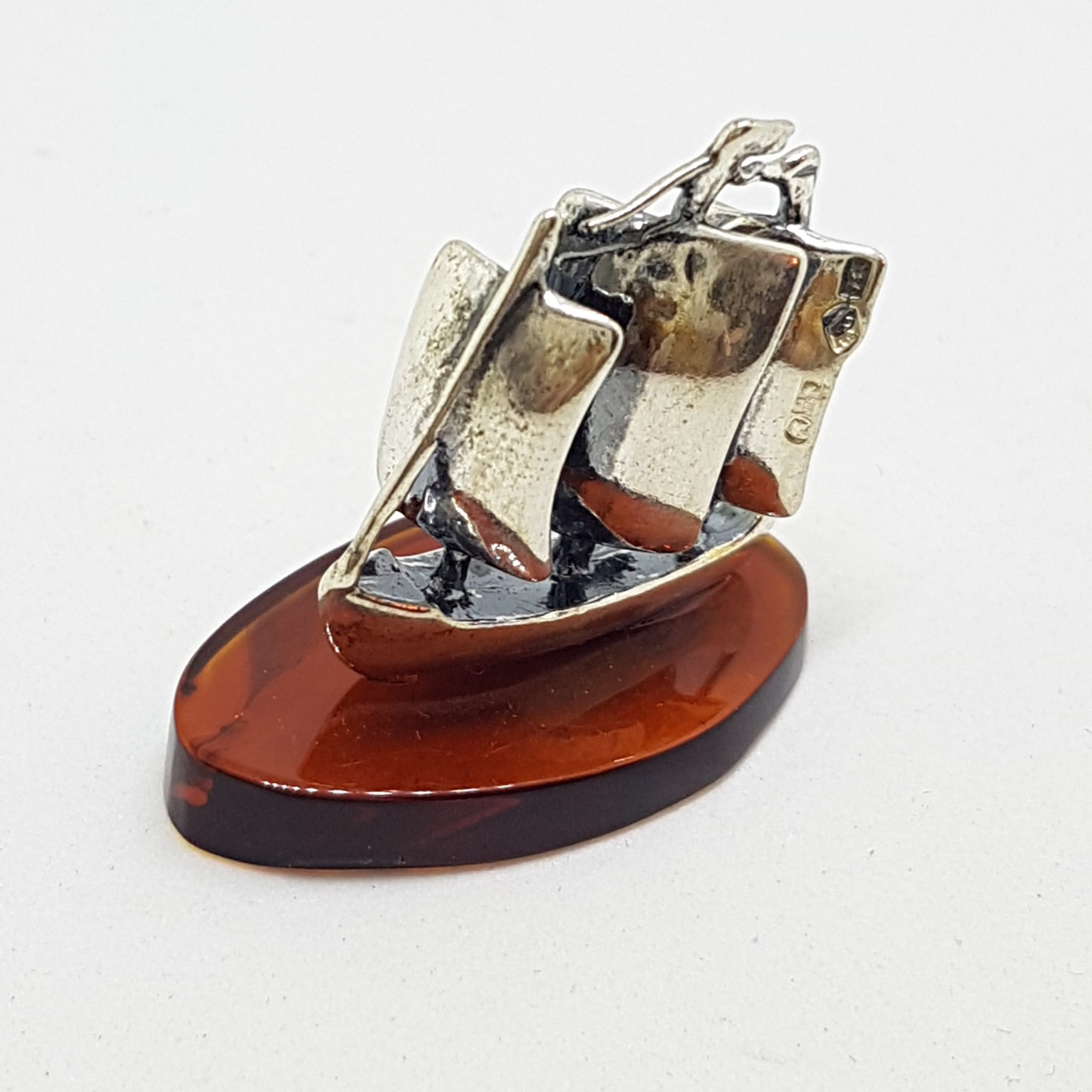 Sailing / Viking Ship / Boat / Yacht – Solid Sterling Silver Natural Baltic Amber Small Figurine / Statue / Sculpture