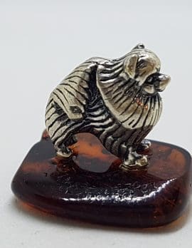 Pekinese / Pomeranian Dog – Solid Sterling Silver Natural Baltic Amber Small Animal Figurine / Statue / Sculpture