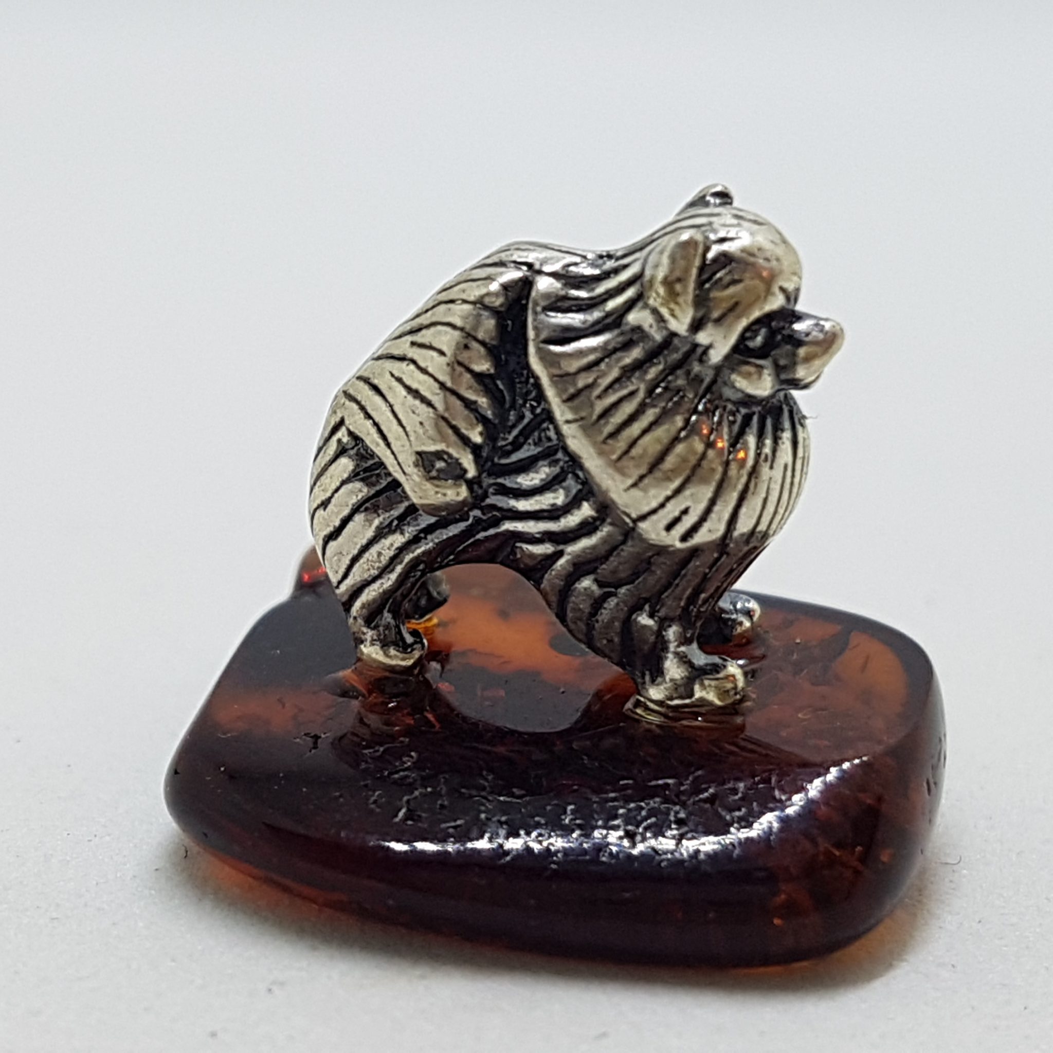 Pekinese / Pomeranian Dog – Solid Sterling Silver Natural Baltic Amber Small Animal Figurine / Statue / Sculpture