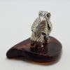 Pekinese / Pomeranian Dog – Solid Sterling Silver Natural Baltic Amber Small Animal Figurine / Statue / Sculpture