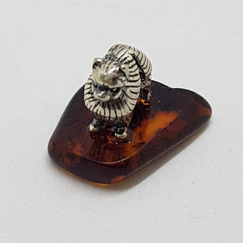 Pekinese / Pomeranian Dog – Solid Sterling Silver Natural Baltic Amber Small Animal Figurine / Statue / Sculpture