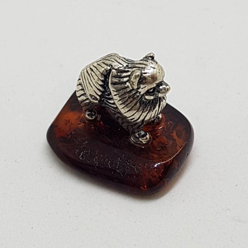 Pekinese / Pomeranian Dog – Solid Sterling Silver Natural Baltic Amber Small Animal Figurine / Statue / Sculpture