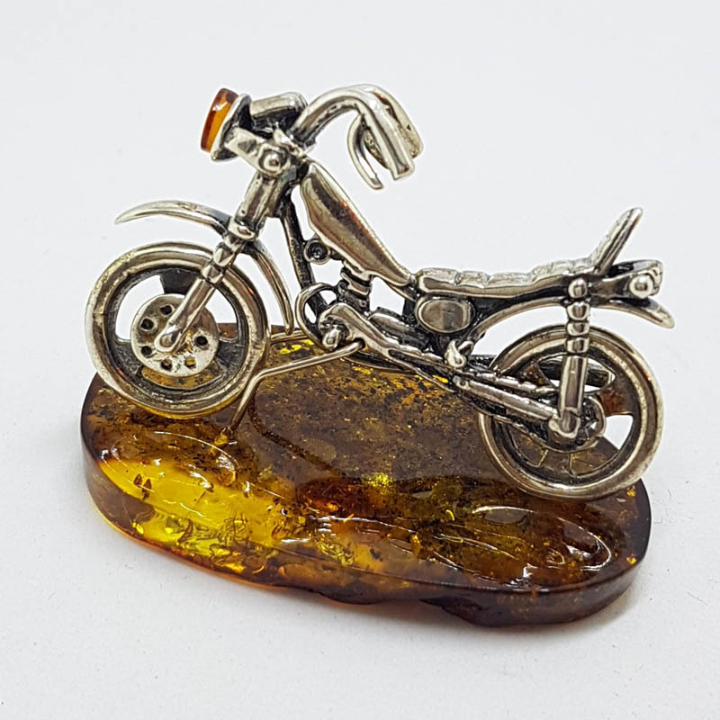 20200713_113235 Harley Davidson Motorcycle / Motorbike – Solid Sterling Silver Natural Baltic Amber Small Animal Figurine / Statue / Sculpture