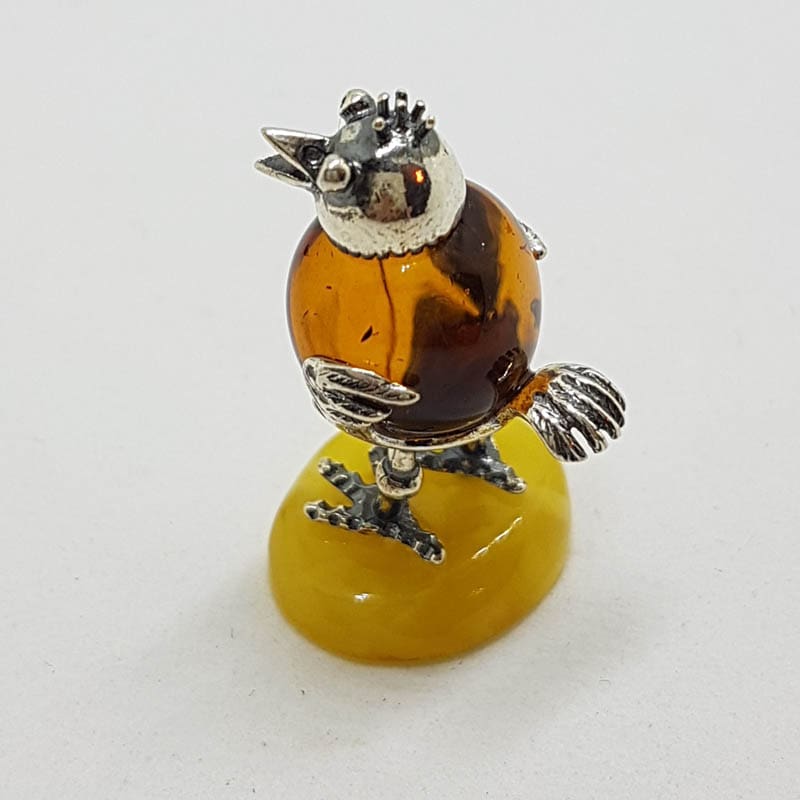 20200713_113355 Cute Funny Rooster / Hen / Chook / Bird - Solid Sterling Silver Natural Baltic Butter and Brown Amber Small Figurine / Statue / Sculpture
