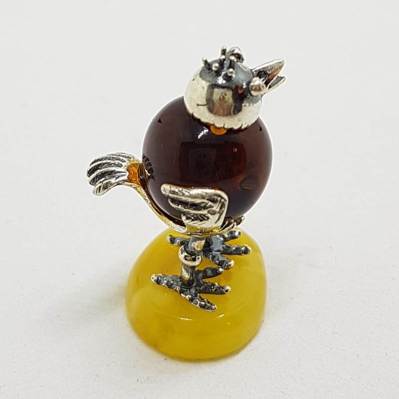 20200713_113413 Cute Funny Rooster / Hen / Chook / Bird - Solid Sterling Silver Natural Baltic Butter and Brown Amber Small Figurine / Statue / Sculpture