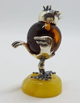 Cute Funny Rooster / Hen / Chook / Bird - Solid Sterling Silver Natural Baltic Butter and Brown Amber Small Figurine / Statue / Sculpture