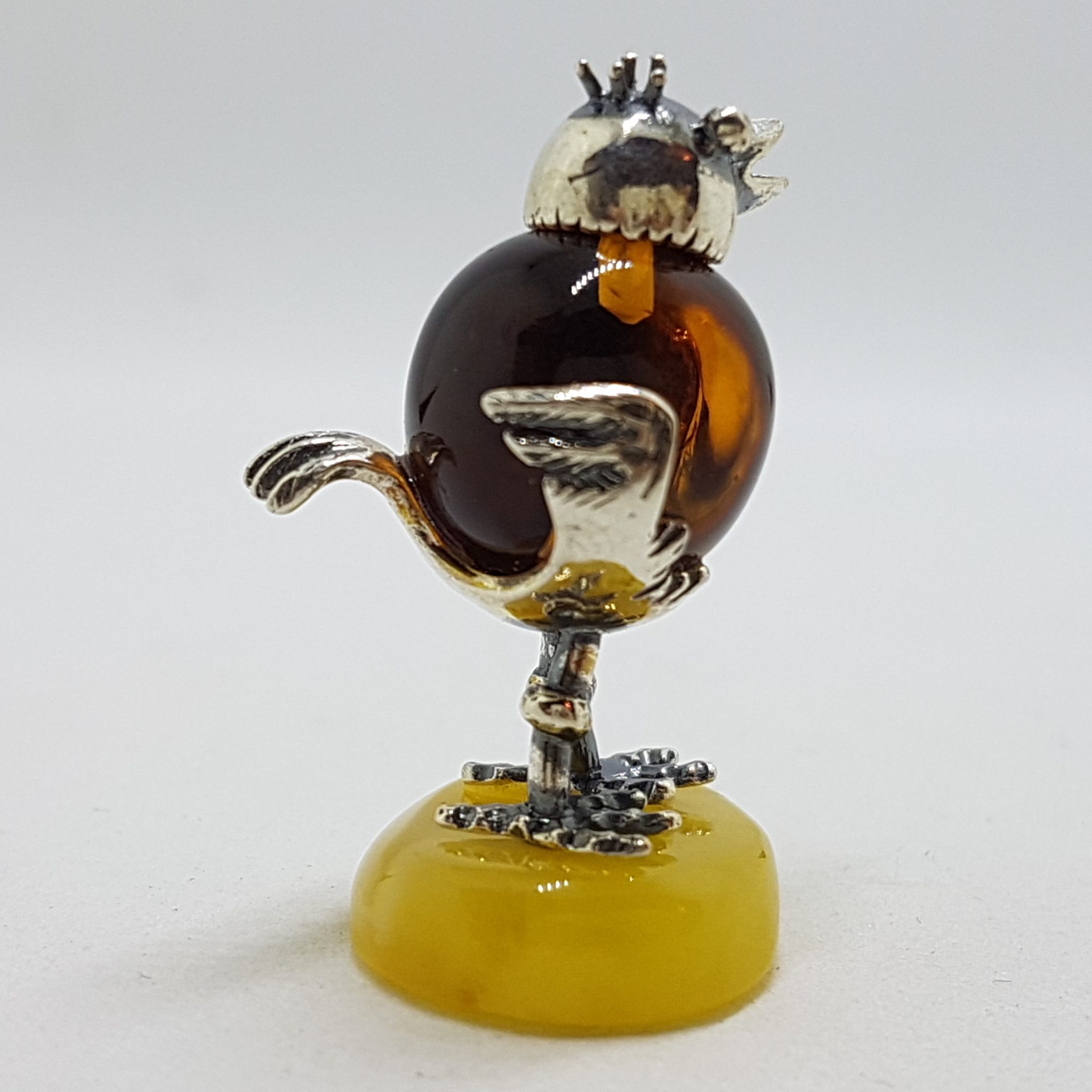 20200713_113427 Cute Funny Rooster / Hen / Chook / Bird - Solid Sterling Silver Natural Baltic Butter and Brown Amber Small Figurine / Statue / Sculpture