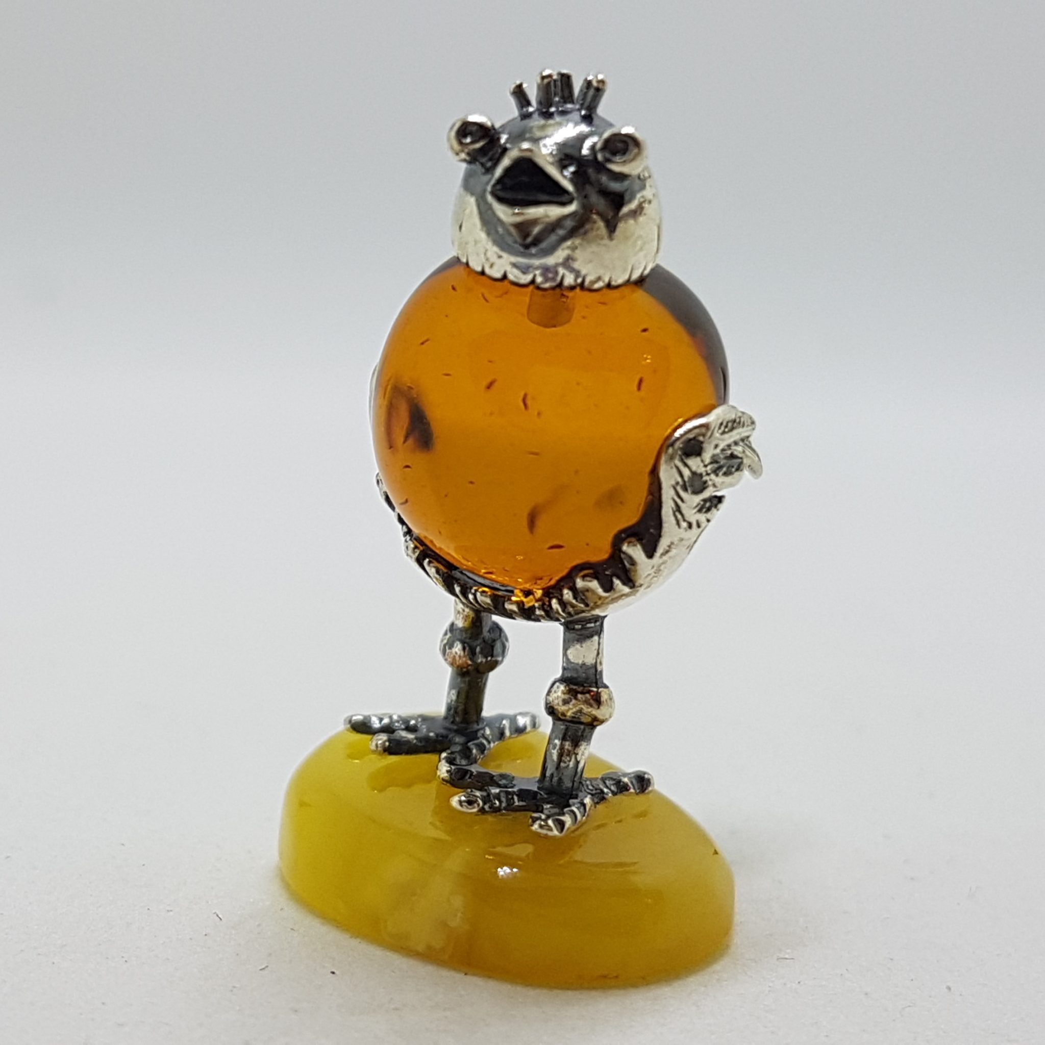 20200713_113445 Cute Funny Rooster / Hen / Chook / Bird - Solid Sterling Silver Natural Baltic Butter and Brown Amber Small Figurine / Statue / Sculpture