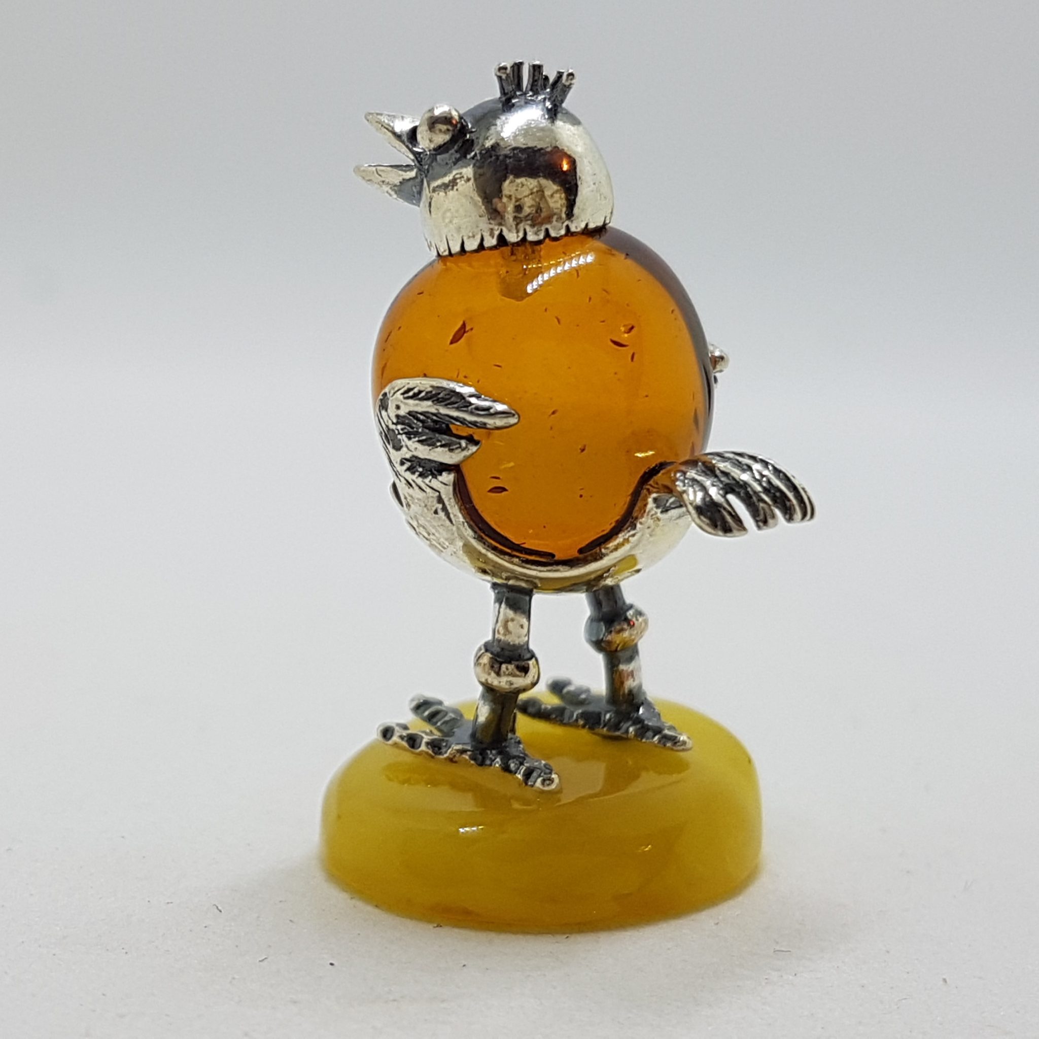 20200713_113458 Cute Funny Rooster / Hen / Chook / Bird - Solid Sterling Silver Natural Baltic Butter and Brown Amber Small Figurine / Statue / Sculpture